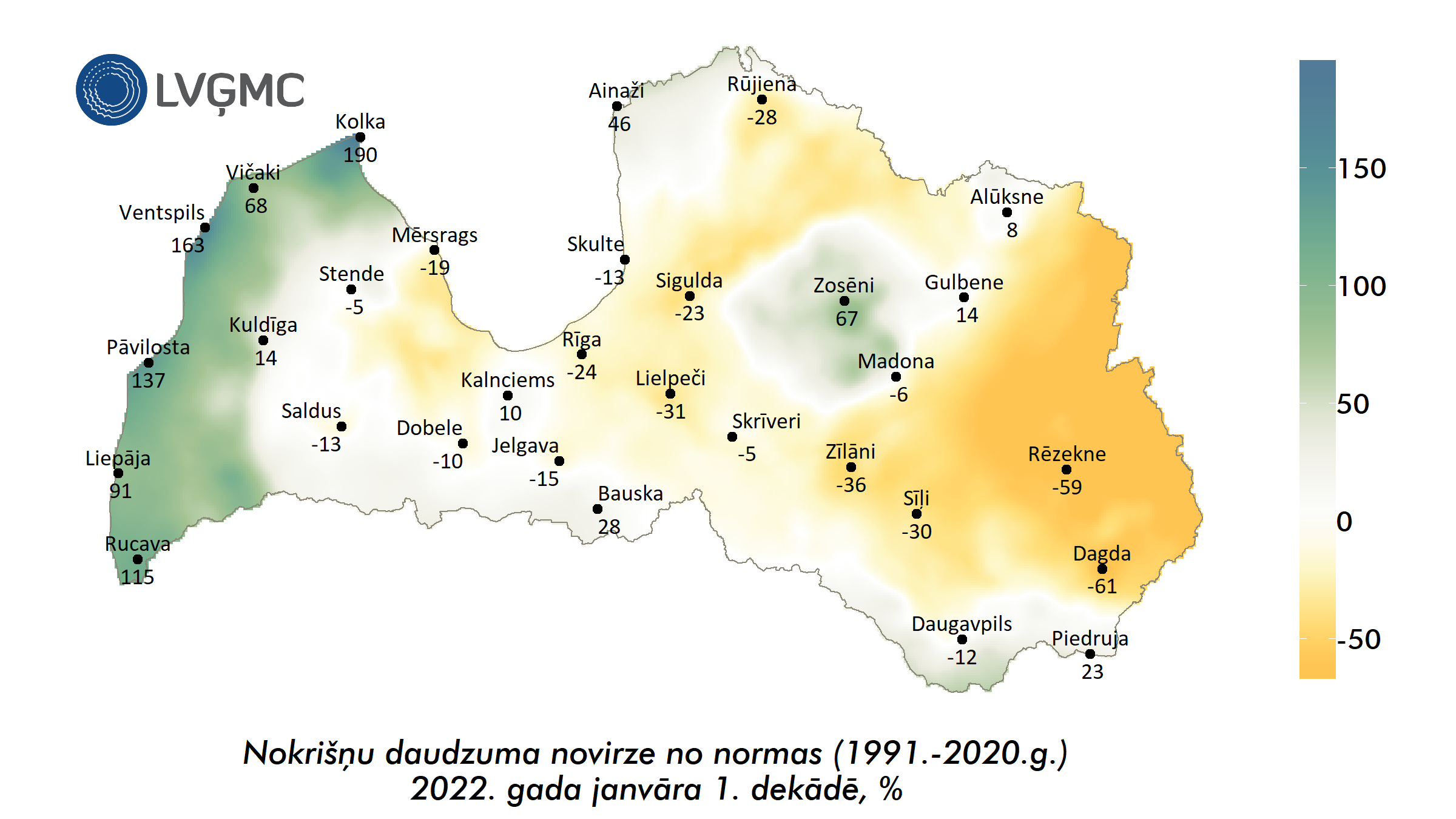 Nokrišņu daudzuma novirze no normas 2022. gada janvāra 1. dekādē, %