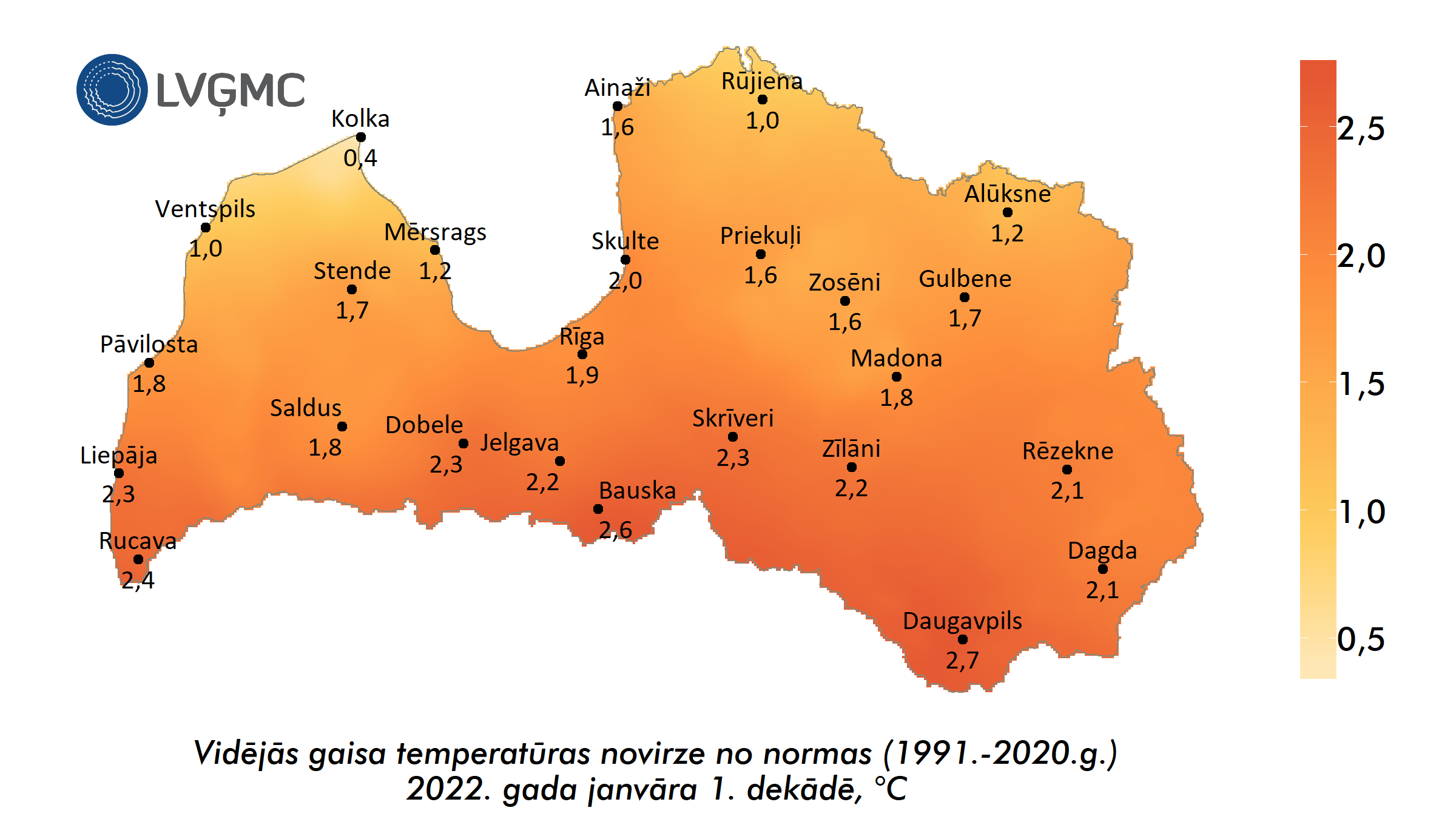 Vidējās gaisa temperatūras novirze no normas 2022. gada janvāra 1. dekādē, °C 