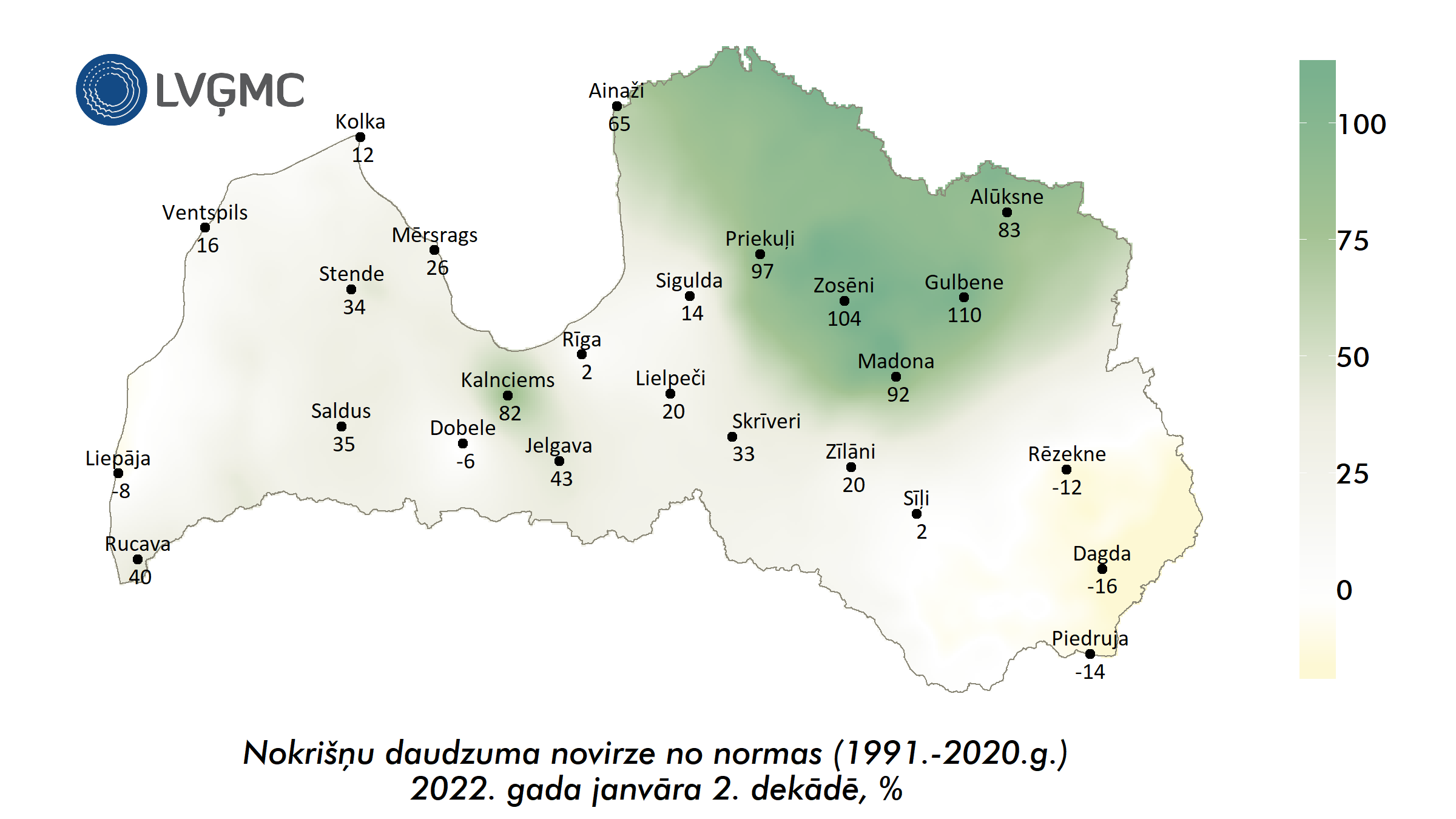 Nokrišņu daudzuma novirze no normas 2022. gada janvāra 2. dekādē, %