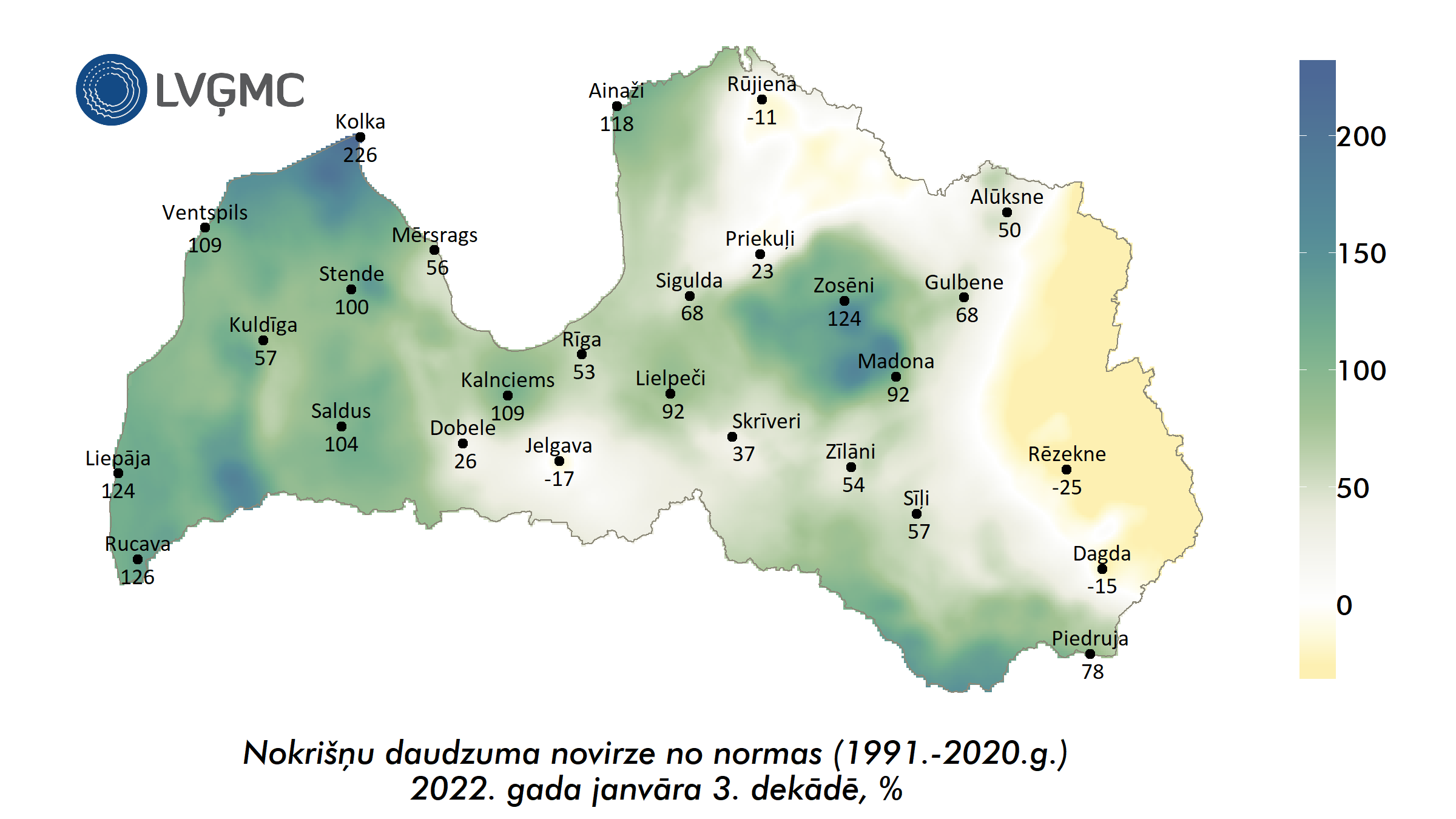 Nokrišņu daudzuma novirze no normas 2022. gada janvāra 3. dekādē, %