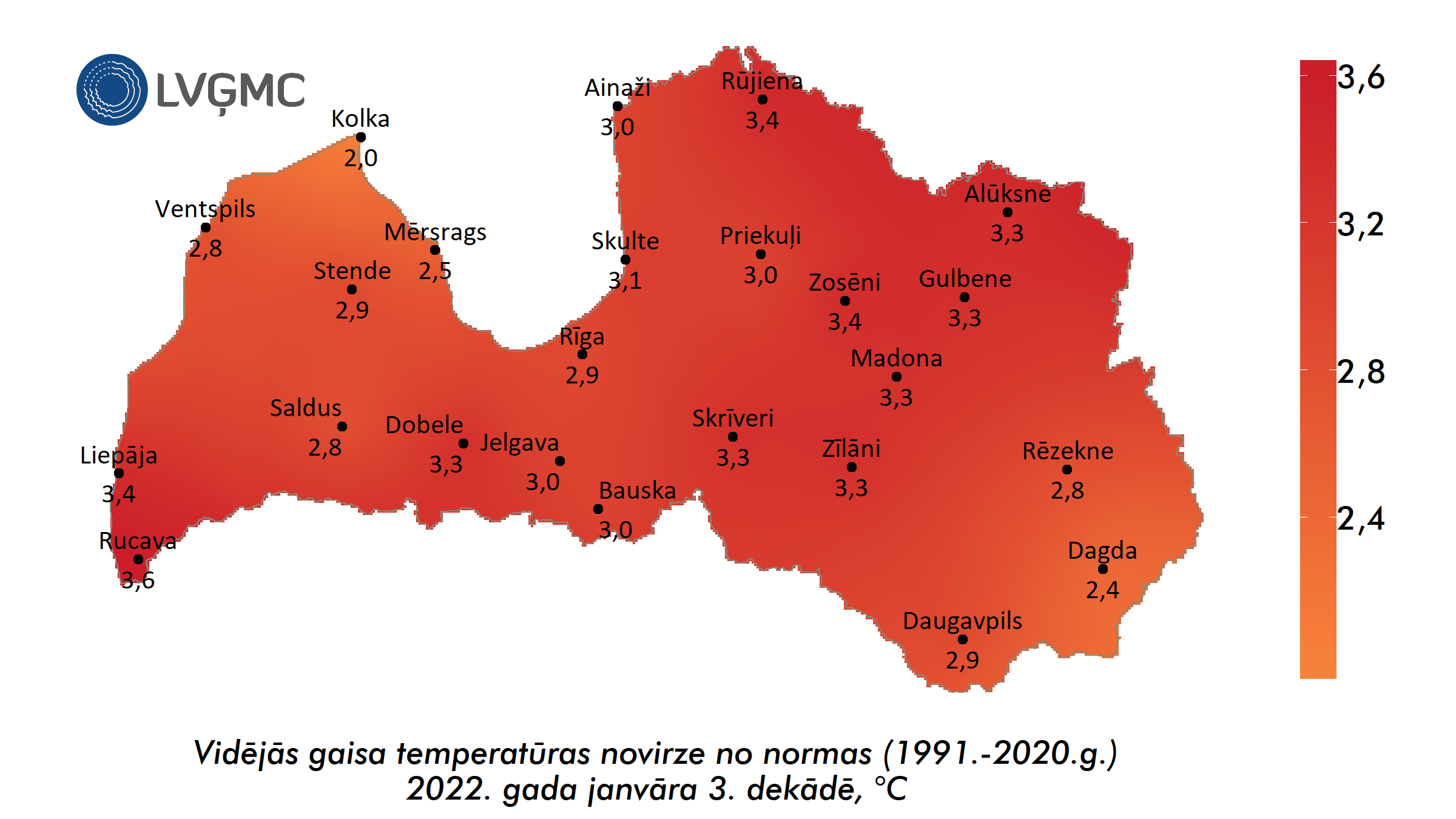 Vidējās gaisa temperatūras novirze no normas 2022. gada janvāra 3. dekādē, °C 