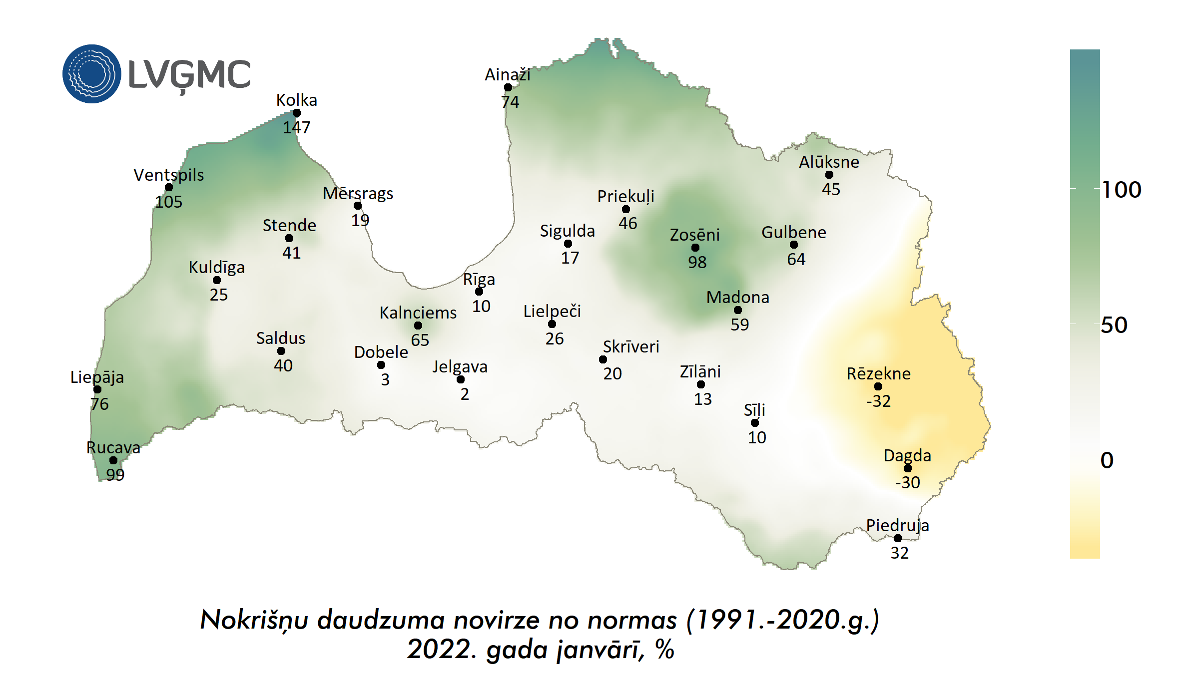 Nokrišņu daudzuma novirze no normas 2022. gada janvārī, %