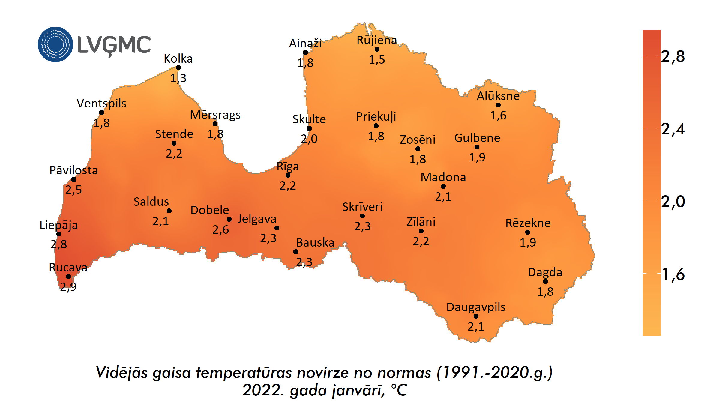 Vidējās gaisa temperatūras novirze no normas 2022. gada janvārī, °C 