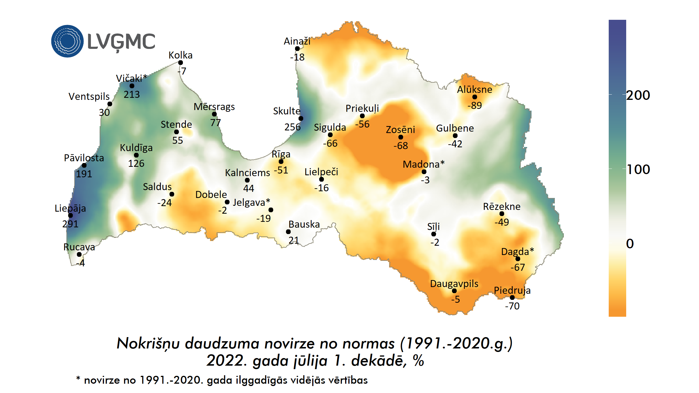 Nokrišņu daudzuma novirze no normas 2022. gada jūlija 1. dekādē, %