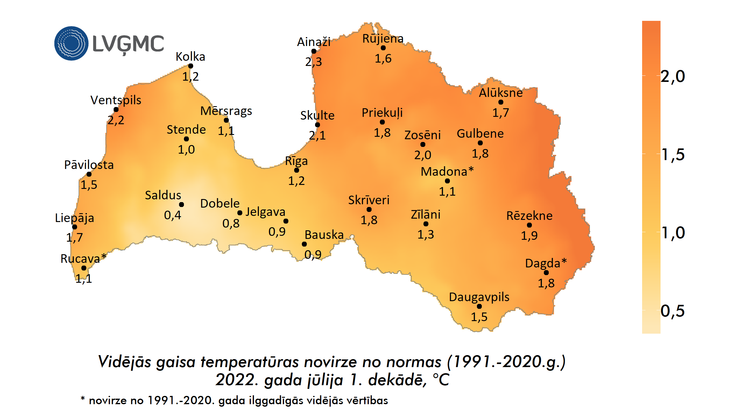 Vidējās gaisa temperatūras novirze no normas 2022. gada jūlija 1. dekādē, °C 