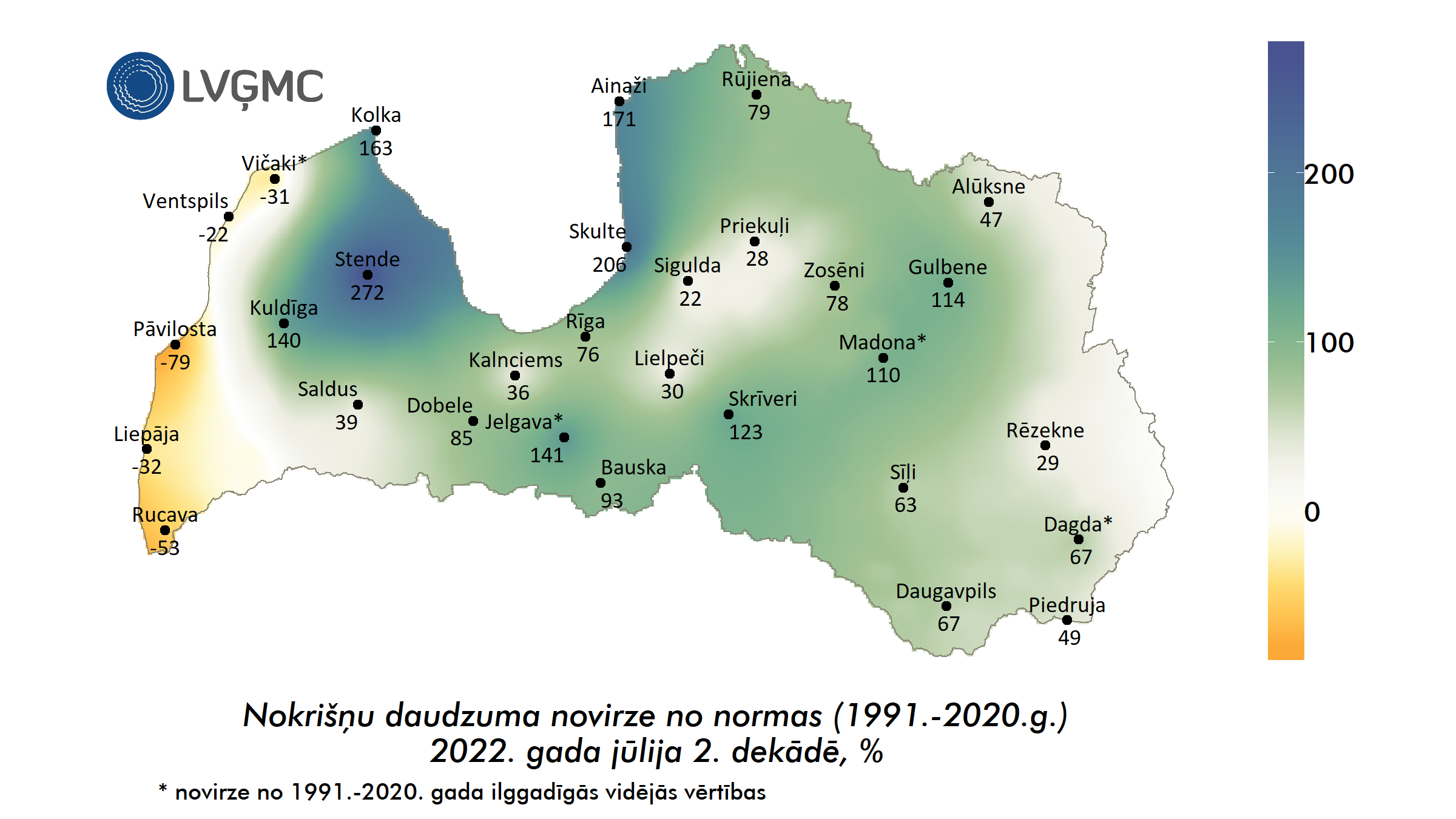 Nokrišņu daudzuma novirze no normas 2022. gada jūlija 2. dekādē, %