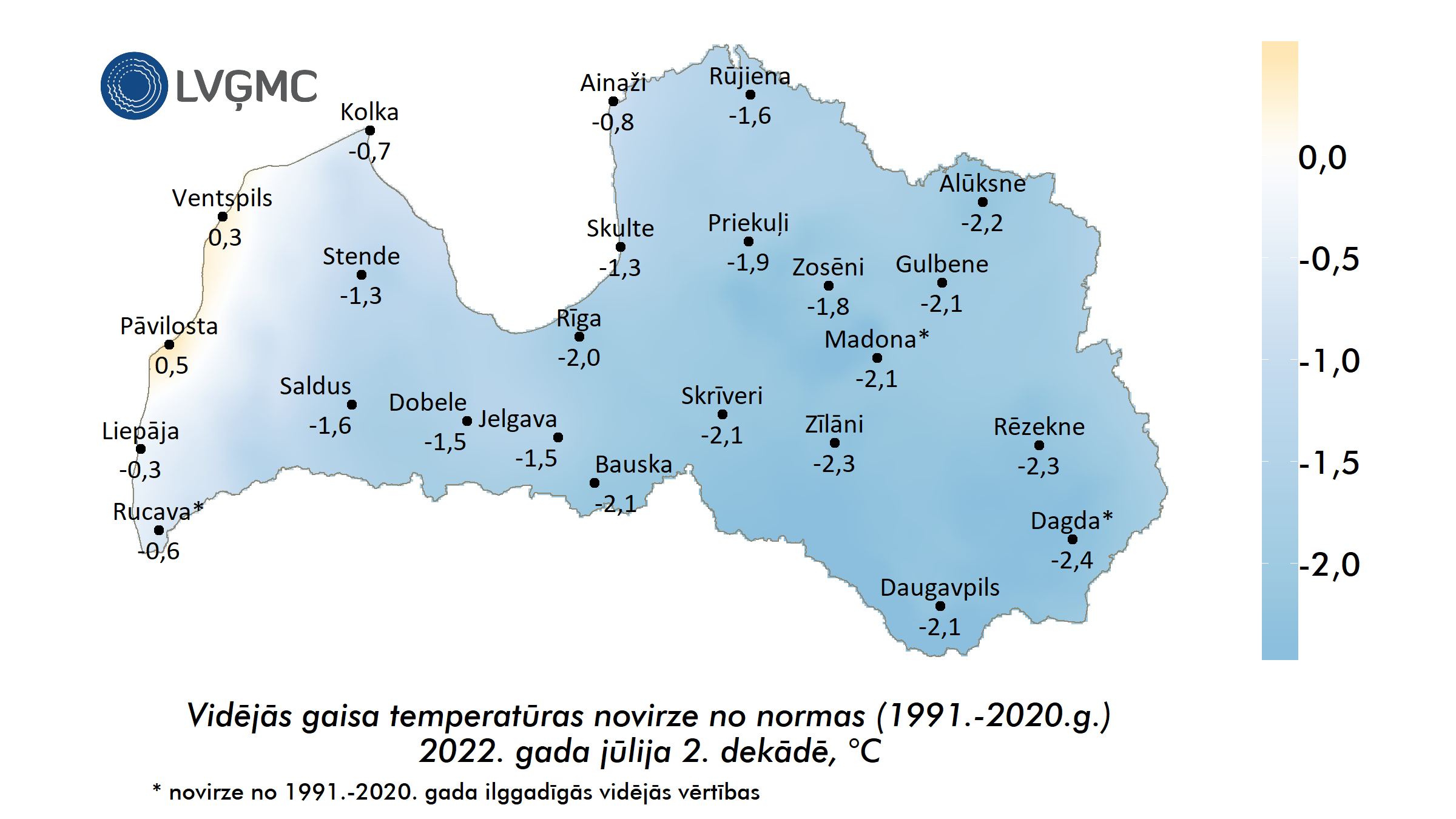 Vidējās gaisa temperatūras novirze no normas 2022. gada jūlija 2. dekādē, °C 