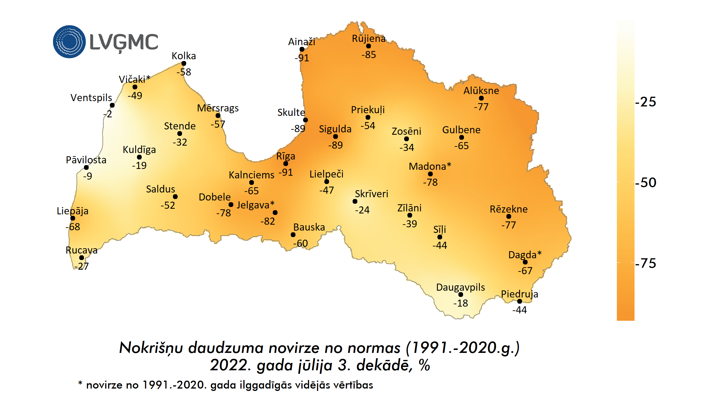 Nokrišņu daudzuma novirze no normas 2022. gada jūlija 3. dekādē, %