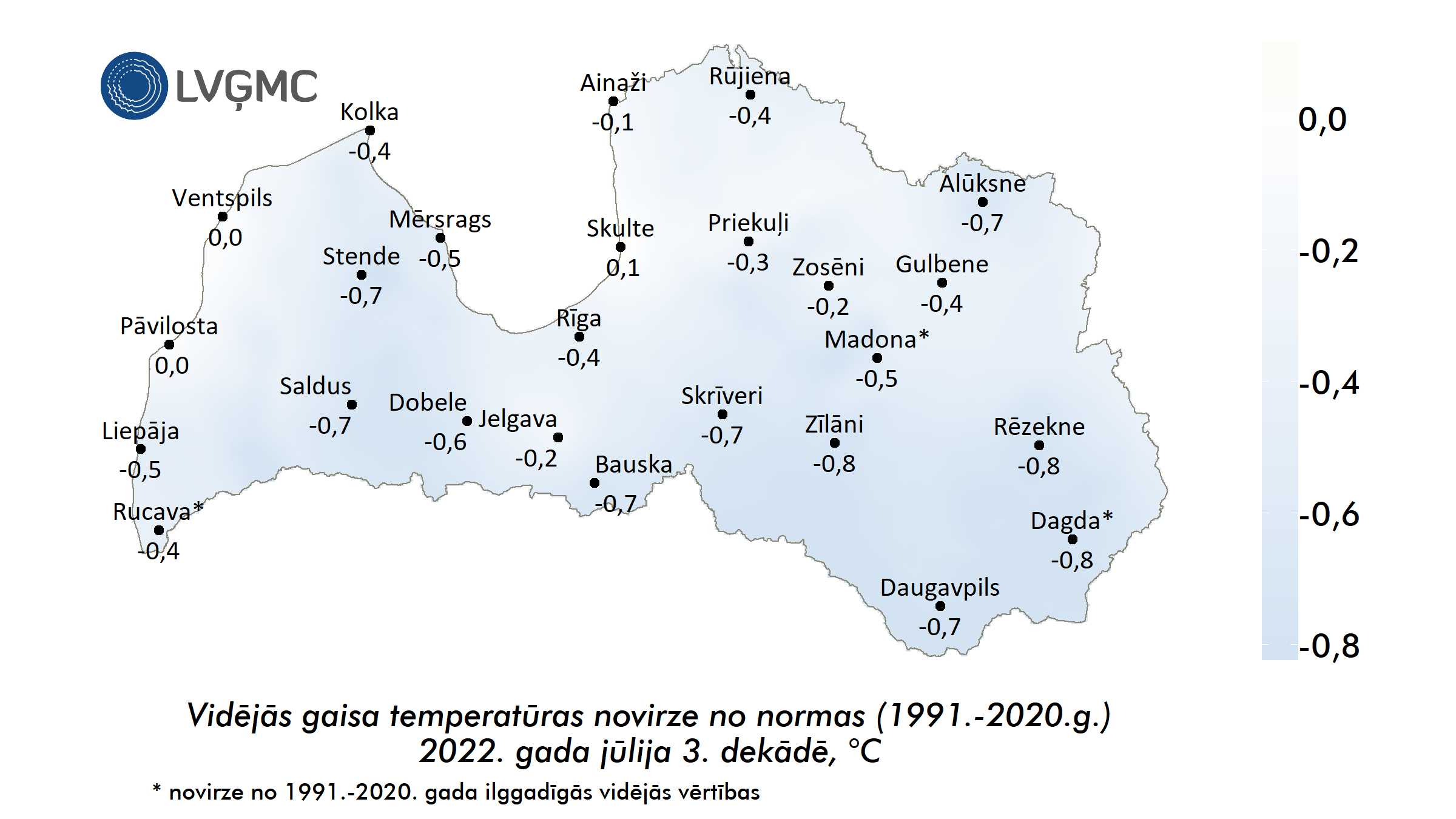 Vidējās gaisa temperatūras novirze no normas 2022. gada jūlija 3. dekādē, °C 
