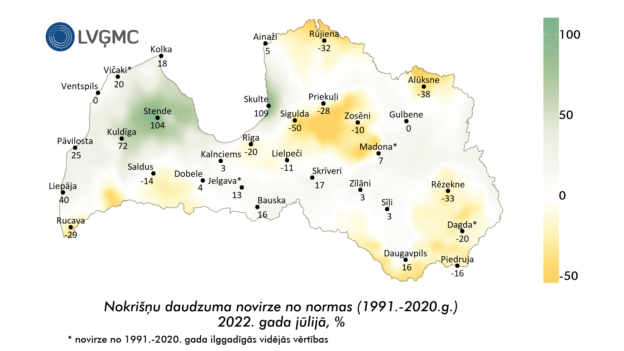 Nokrišņu daudzuma novirze no normas 2022. gada jūlijā, %