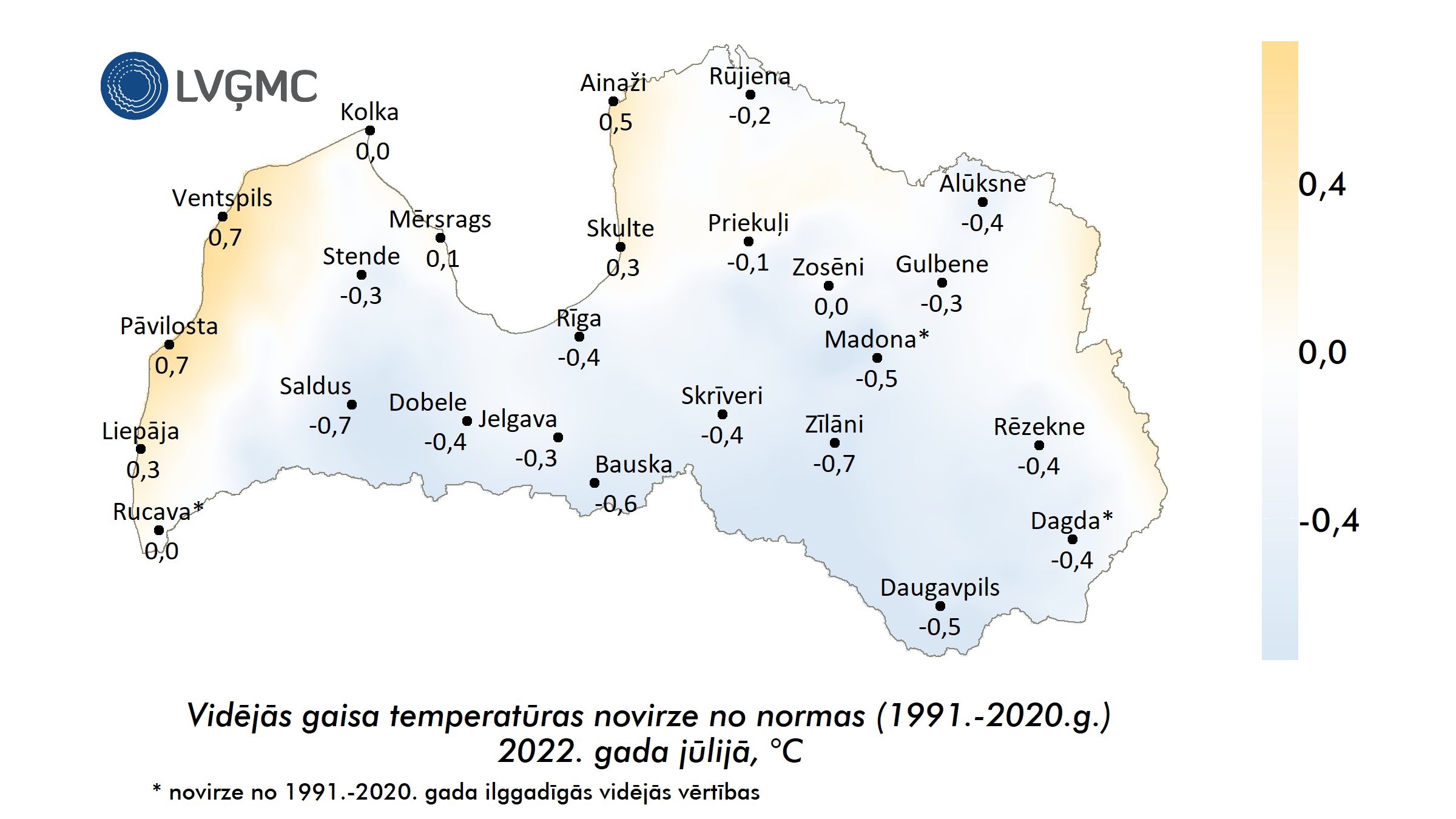 Vidējās gaisa temperatūras novirze no normas 2022. gada jūlijā, °C 