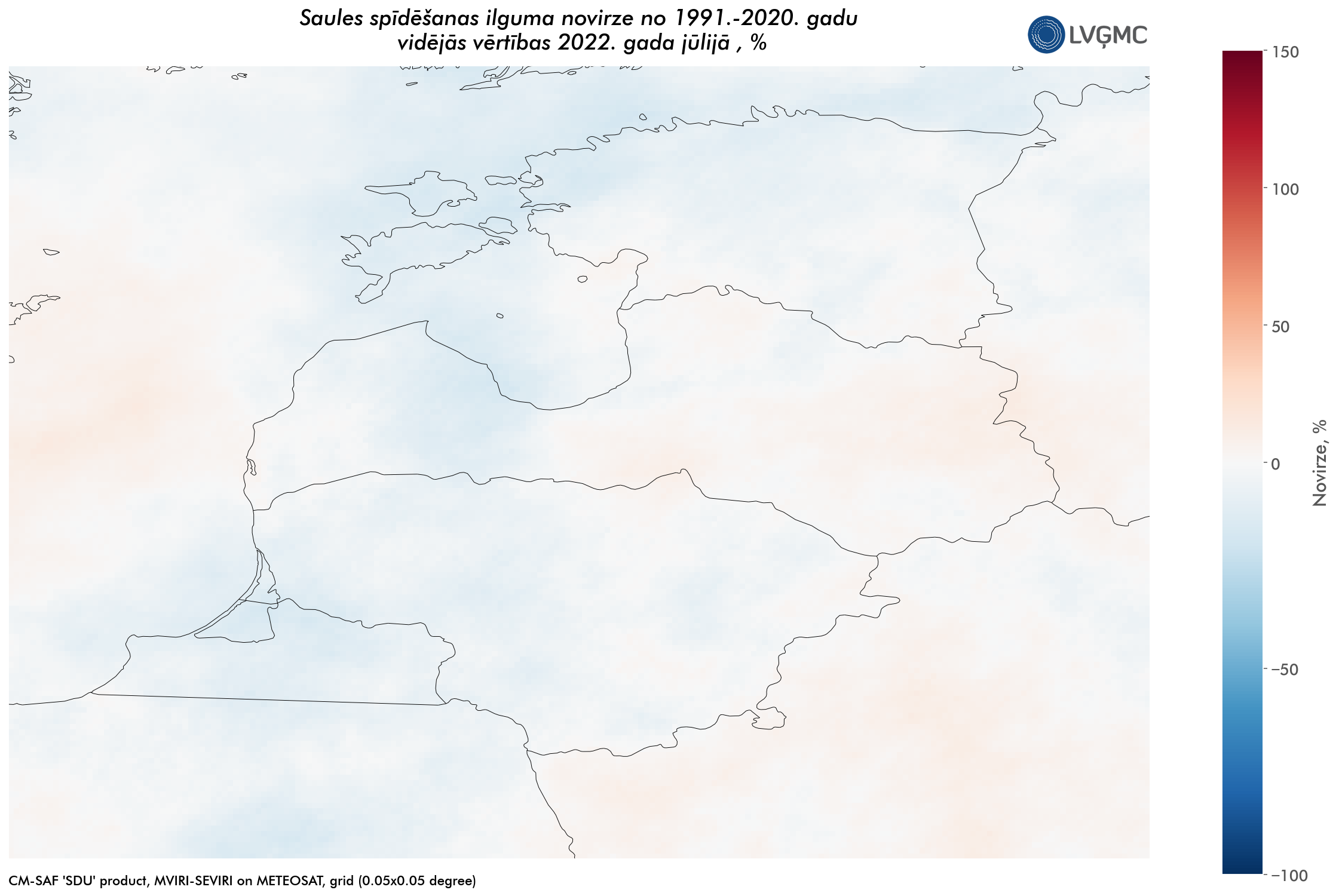 Saules spīdēšanas ilguma novirze no normas 2022. gada jūlijā, %