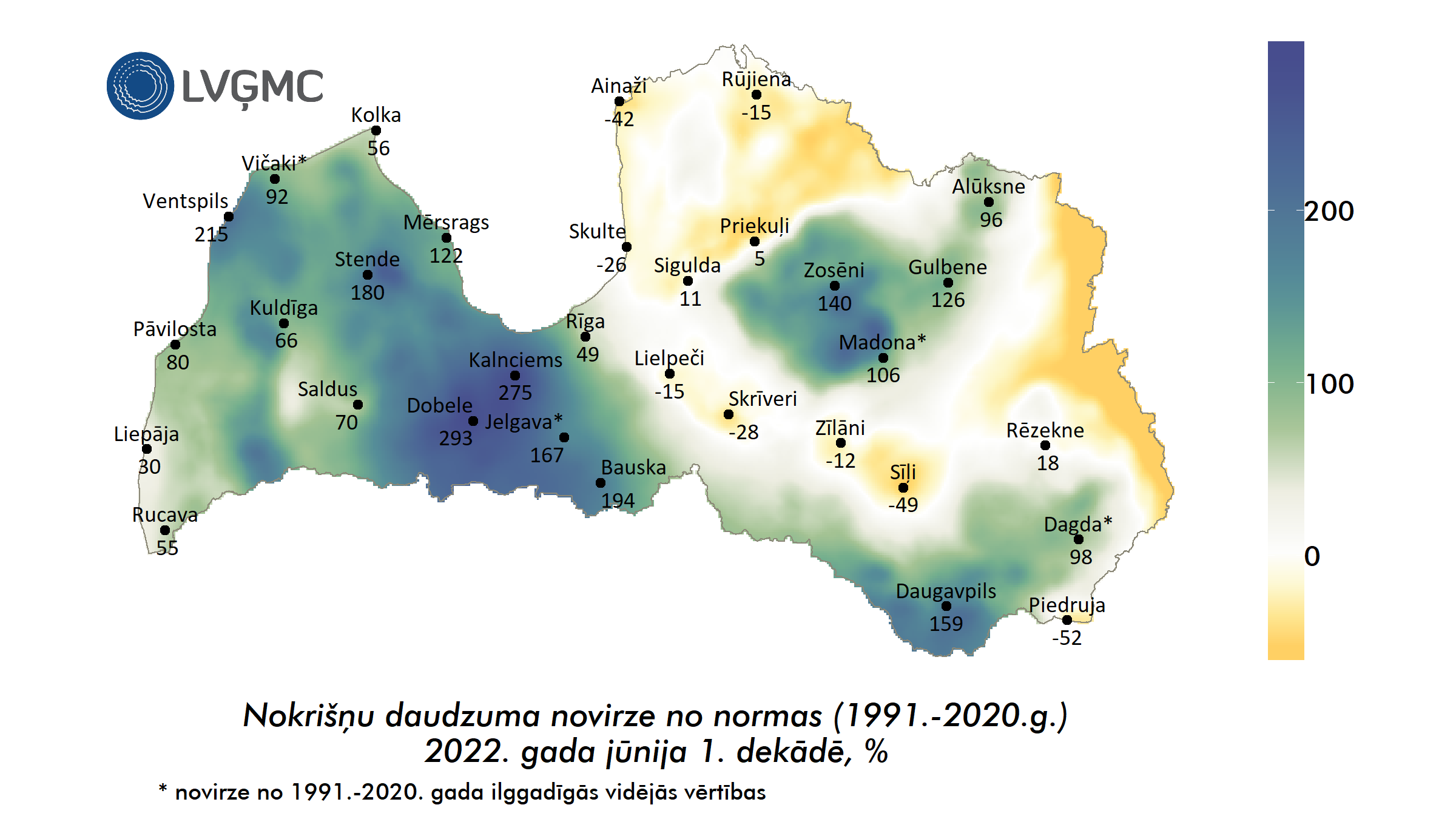 Nokrišņu daudzuma novirze no normas 2022. gada jūnija 1. dekādē, %