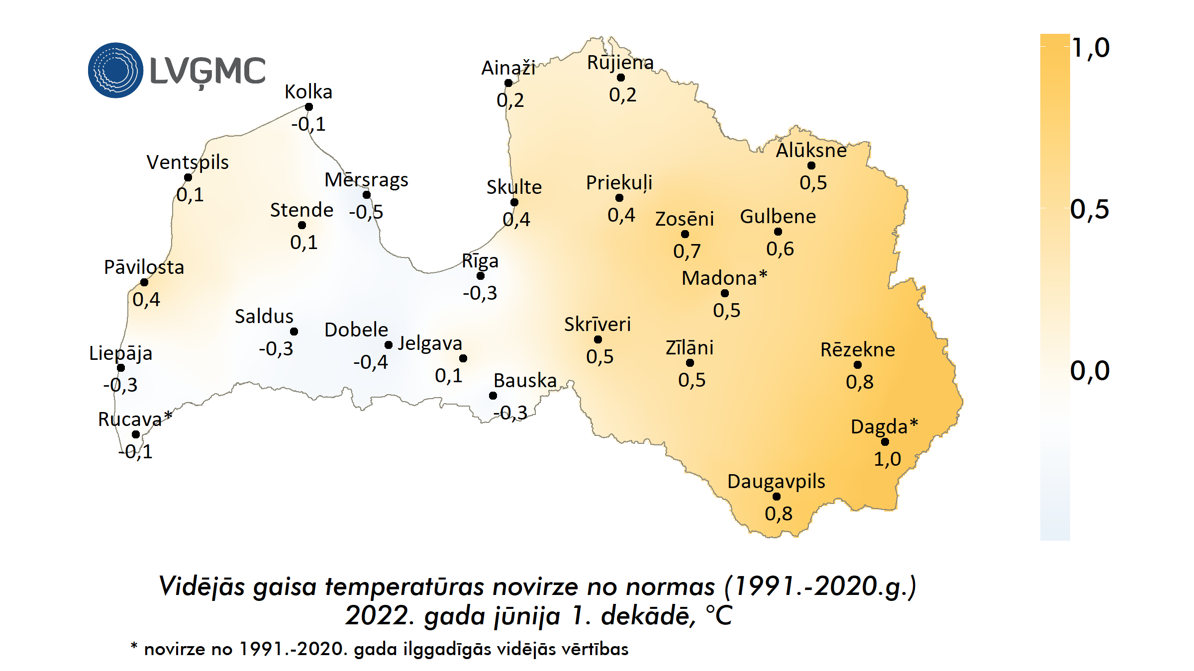 Vidējās gaisa temperatūras novirze no normas 2022. gada jūnija 1. dekādē, °C 