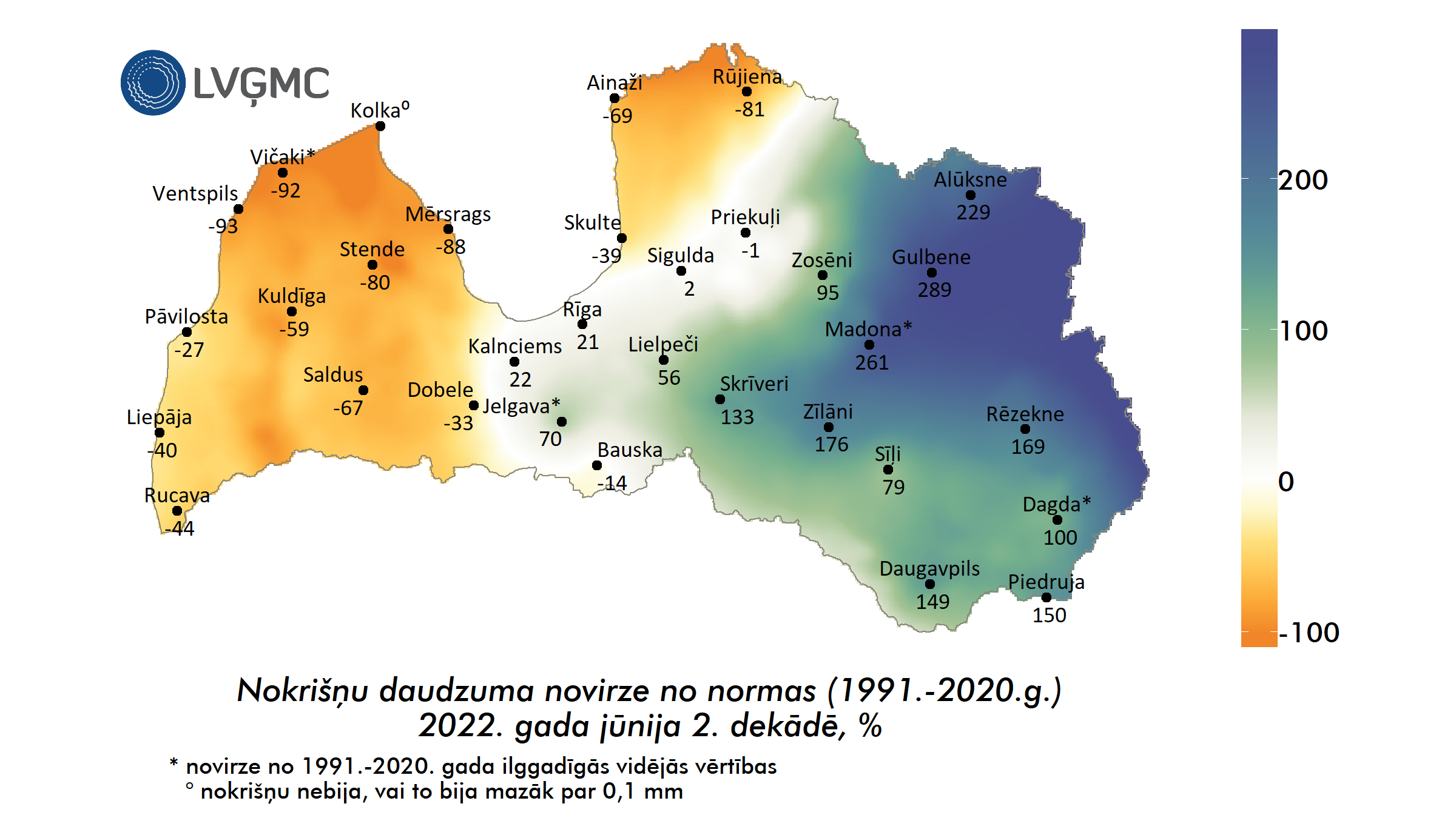 Nokrišņu daudzuma novirze no normas 2022. gada jūnija 2. dekādē, %