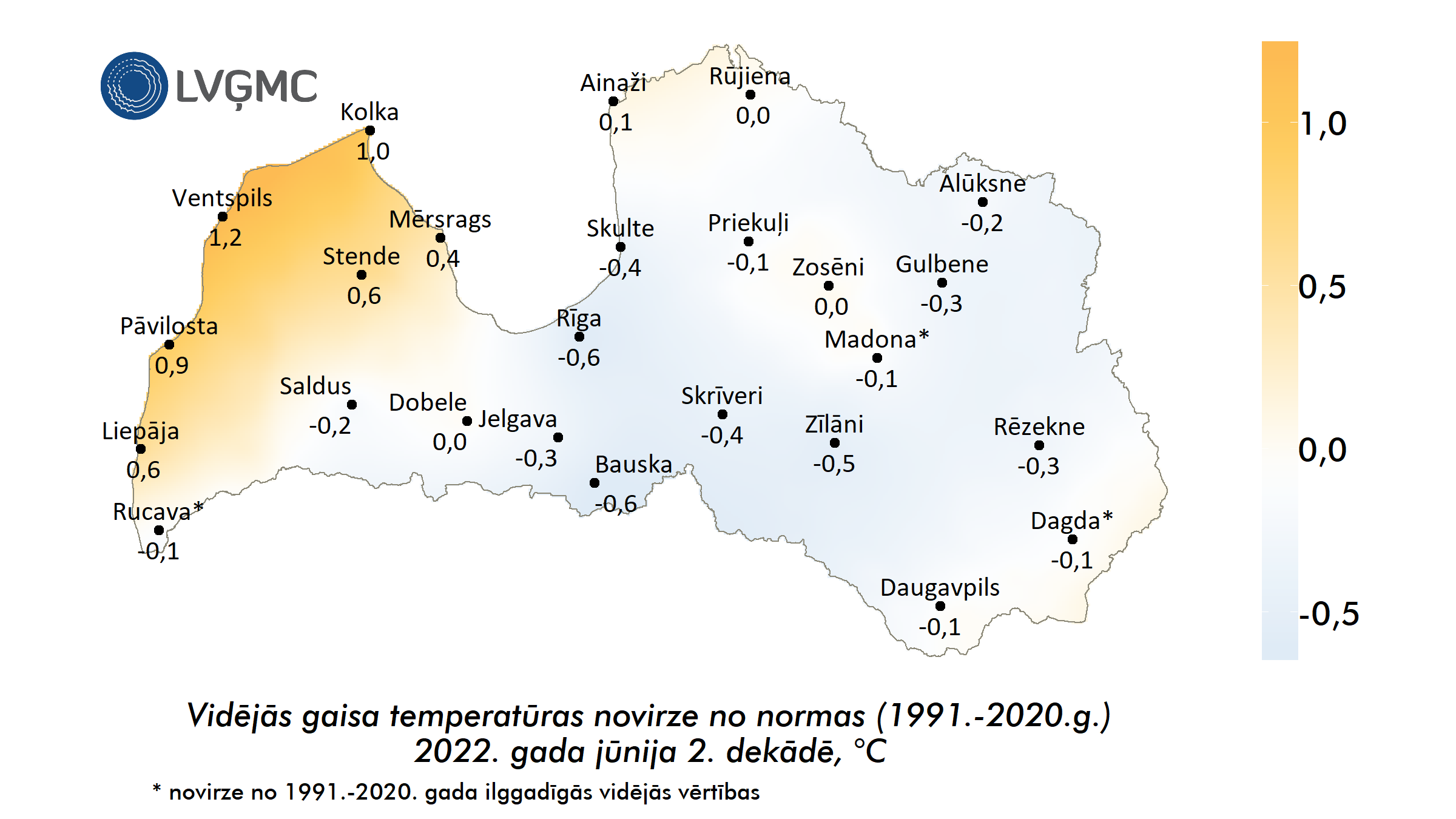 Vidējās gaisa temperatūras novirze no normas 2022. gada jūnija 2. dekādē, °C 