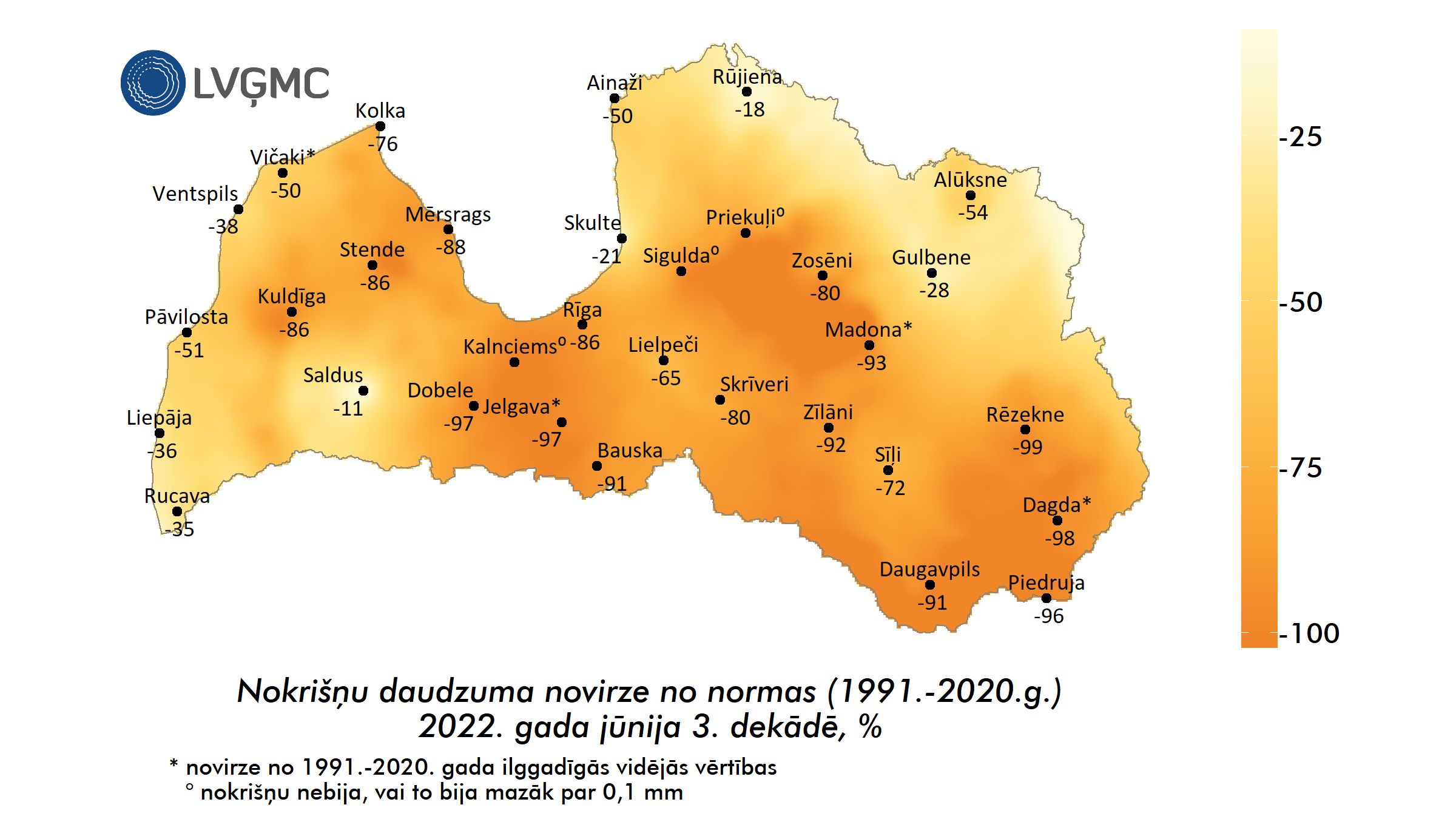 Nokrišņu daudzuma novirze no normas 2022. gada jūnija 3. dekādē, %