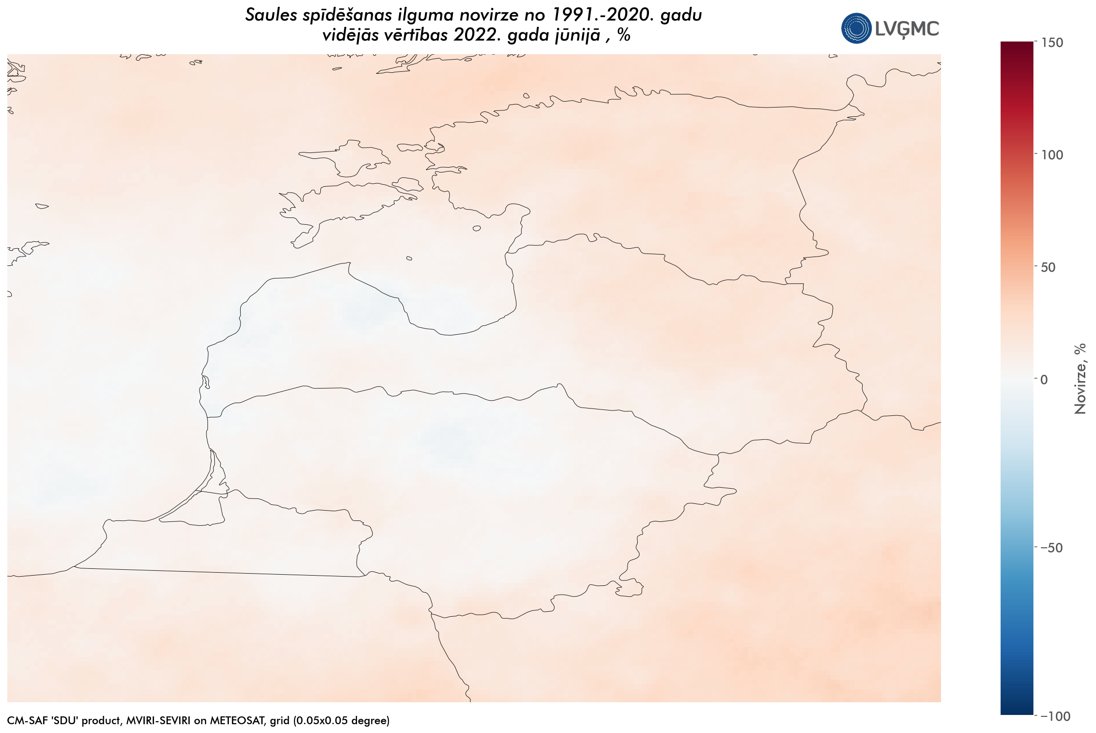 Saules spīdēšanas ilguma novirze no normas 2022. gada jūjijā, %