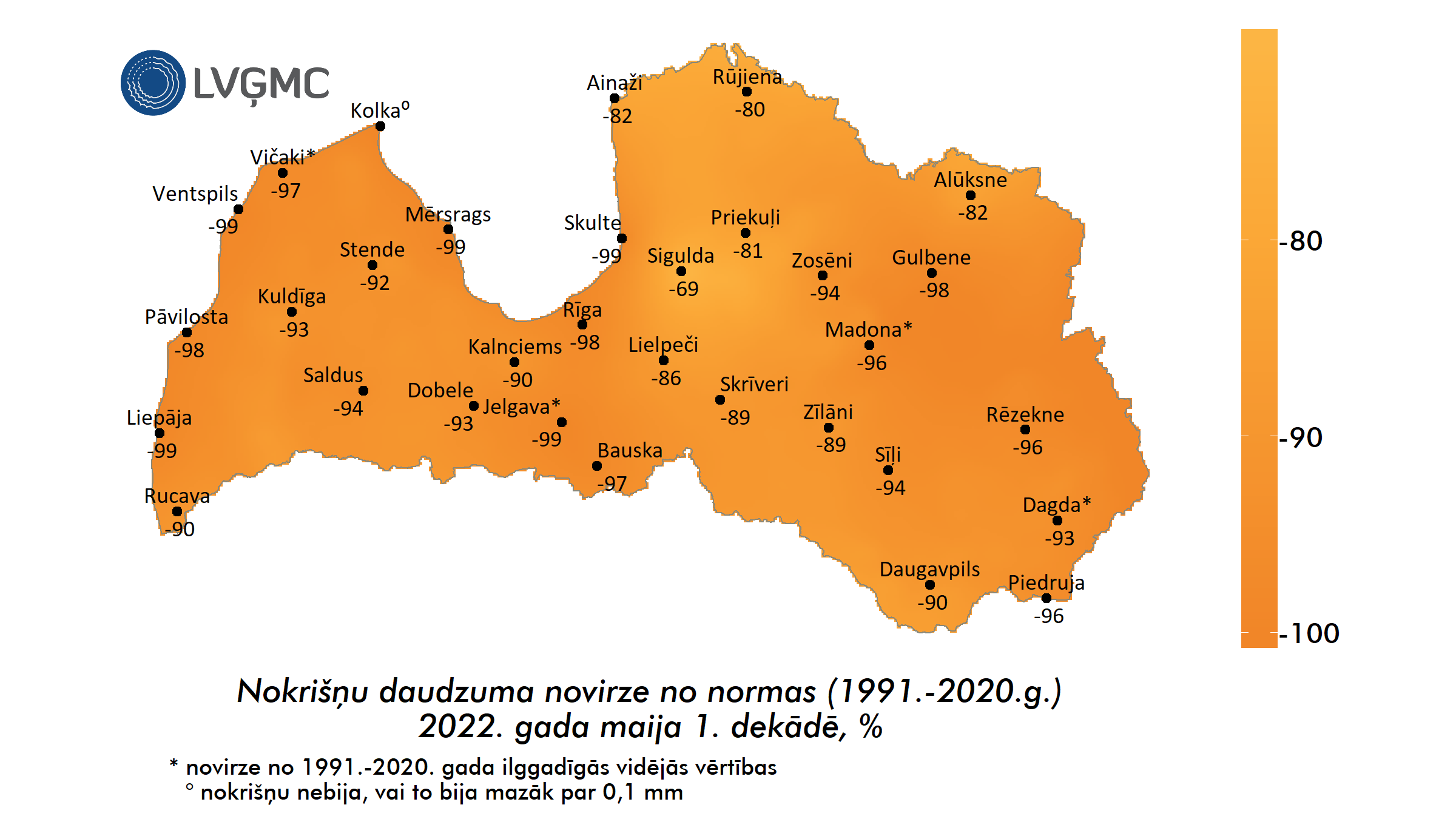 Nokrišņu daudzuma novirze no normas 2022. gada maija 1. dekādē, %
