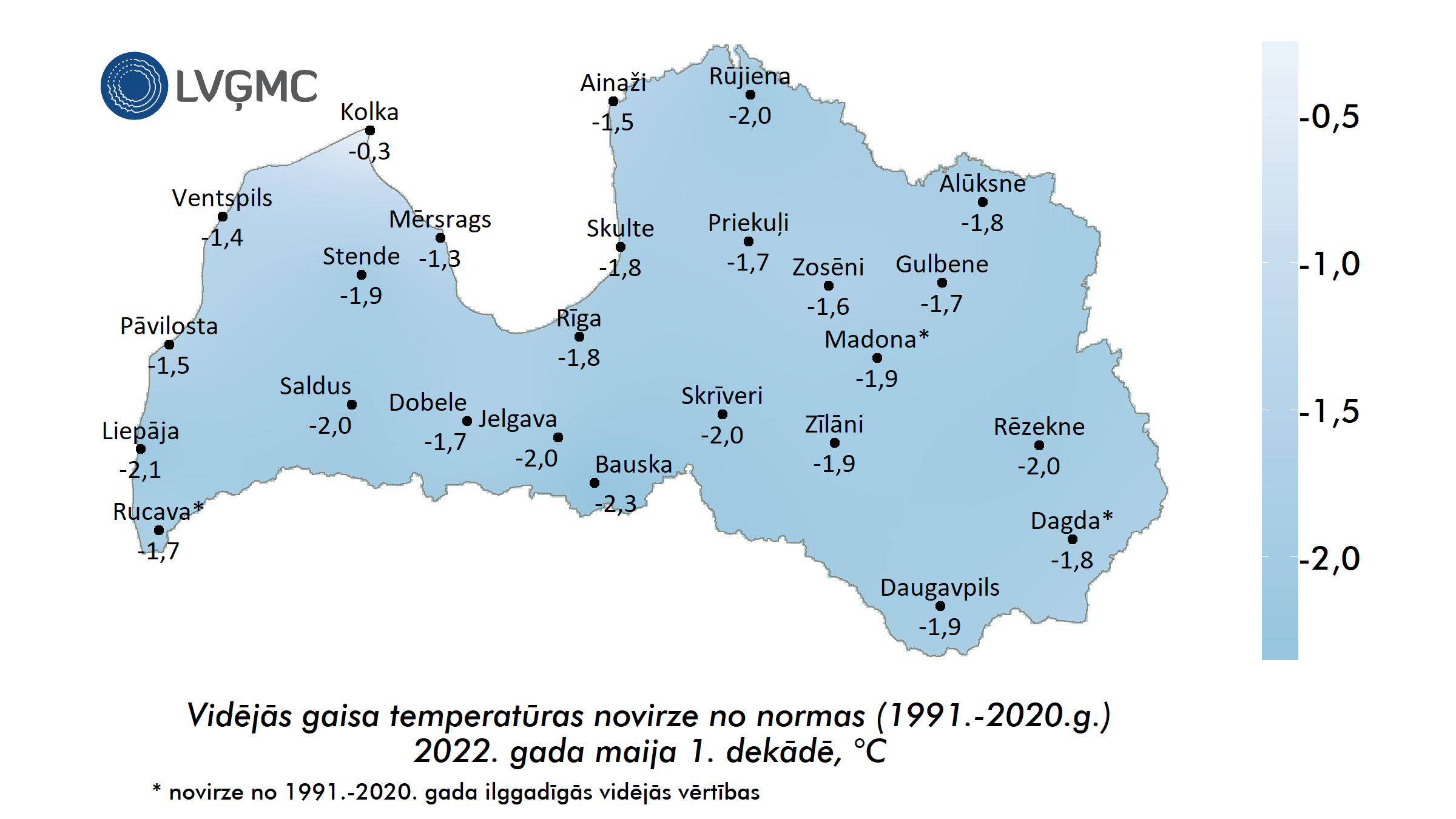 Vidējās gaisa temperatūras novirze no normas 2022. gada maija 1. dekādē, °C