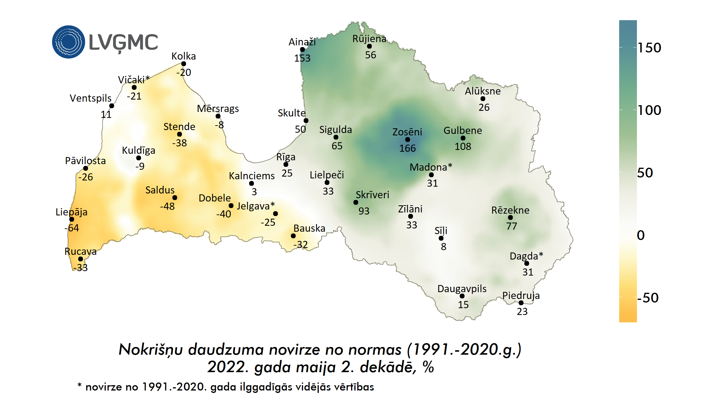 Nokrišņu daudzuma novirze no normas 2022. gada maija 2. dekādē, %