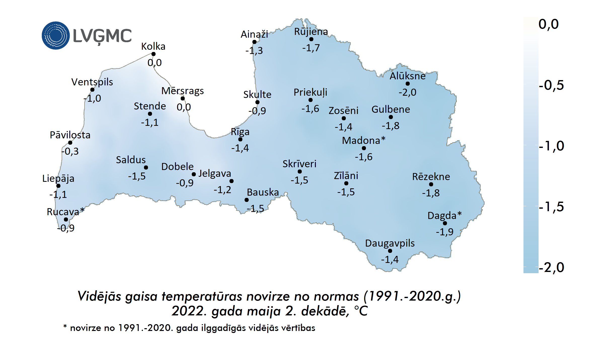 Vidējās gaisa temperatūras novirze no normas 2022. gada maija 2. dekādē, °C 