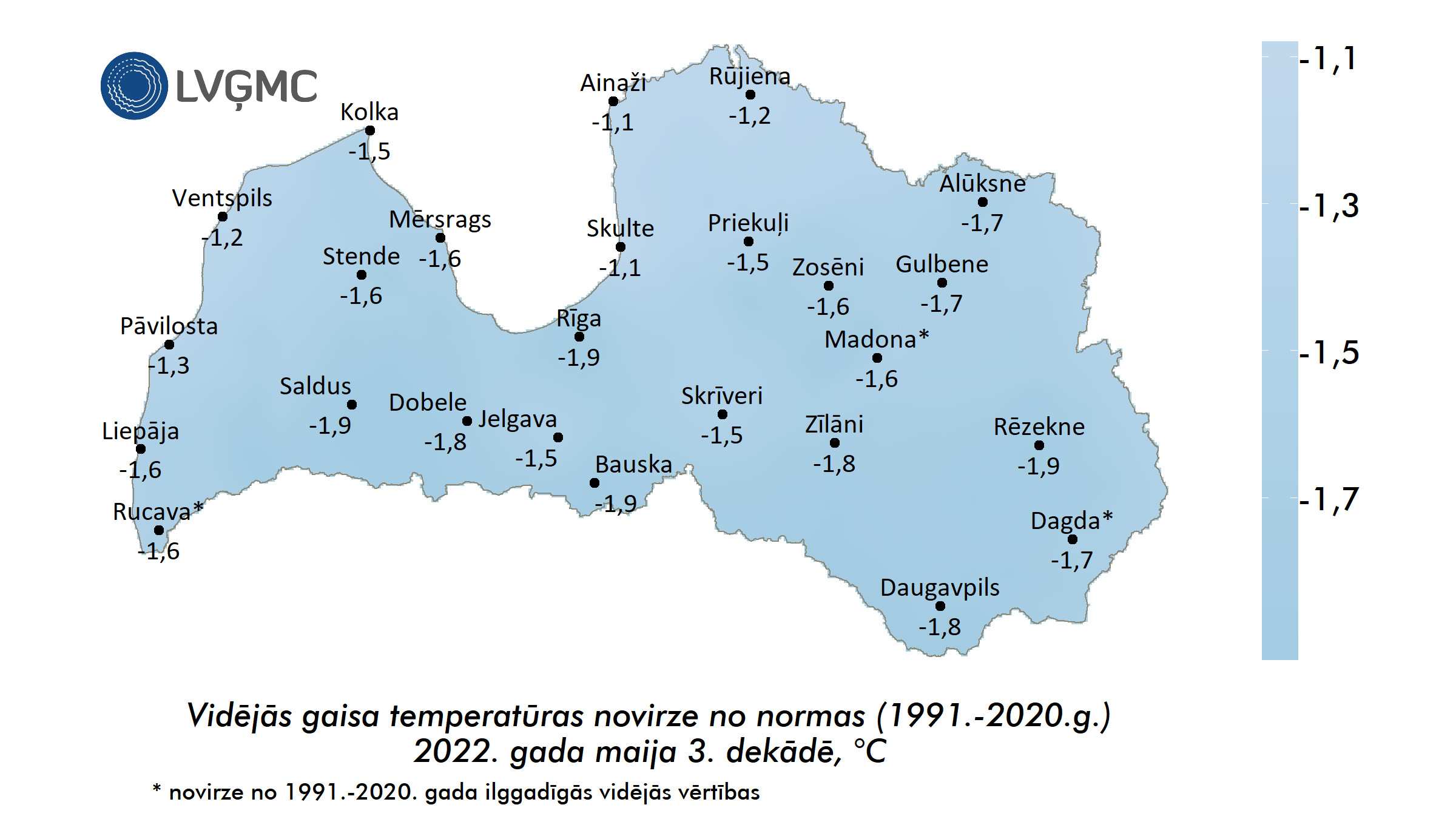 Vidējās gaisa temperatūras novirze no normas 2022. gada maija 3. dekādē, °C 