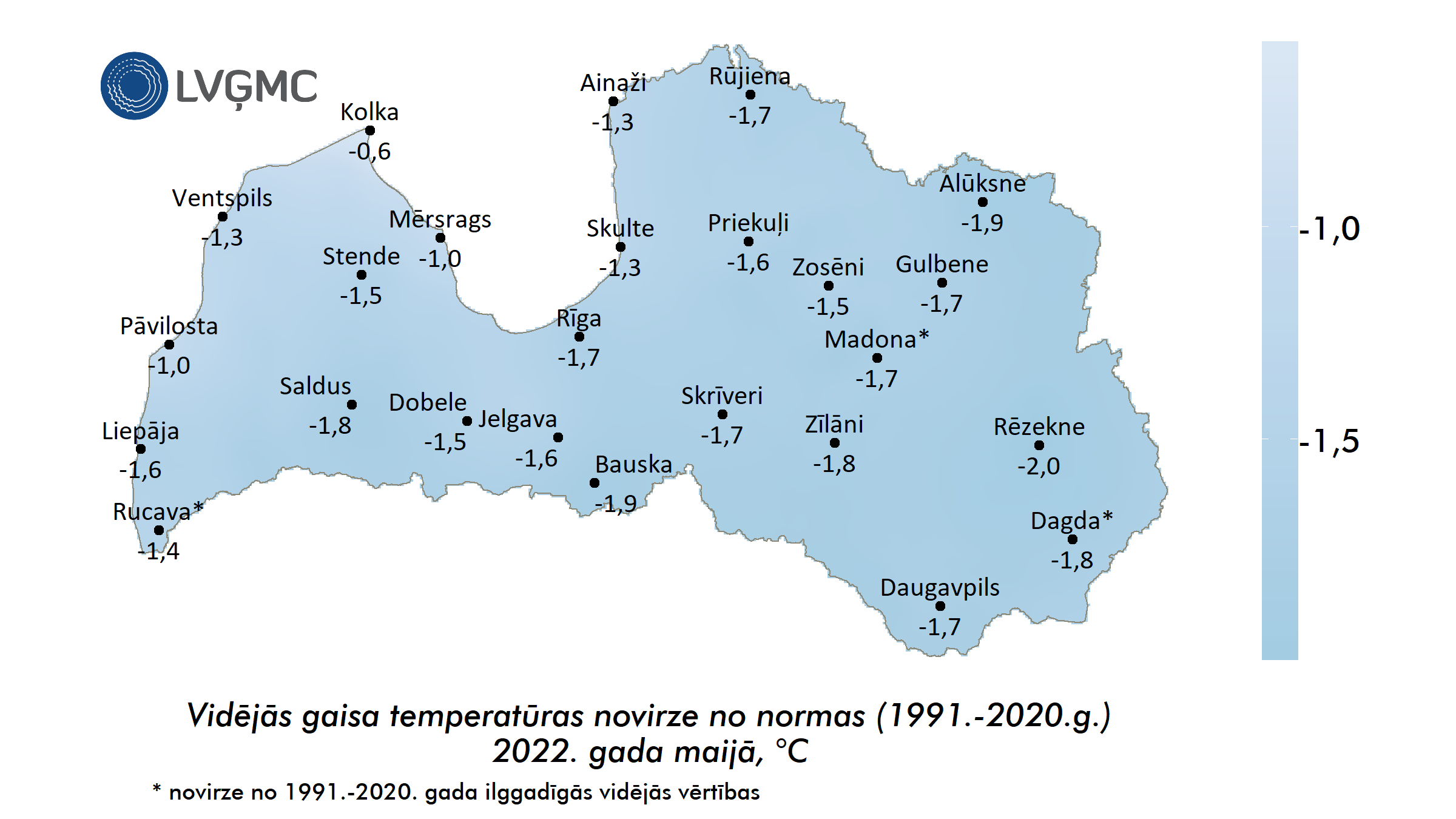 Vidējās gaisa temperatūras novirze no normas 2022. gada maijā, °C 