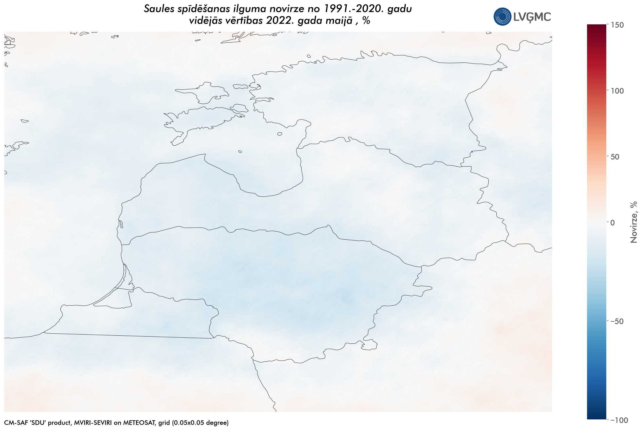 Saules spīdēšanas ilguma novirze no normas 2022. gada maijā, %
