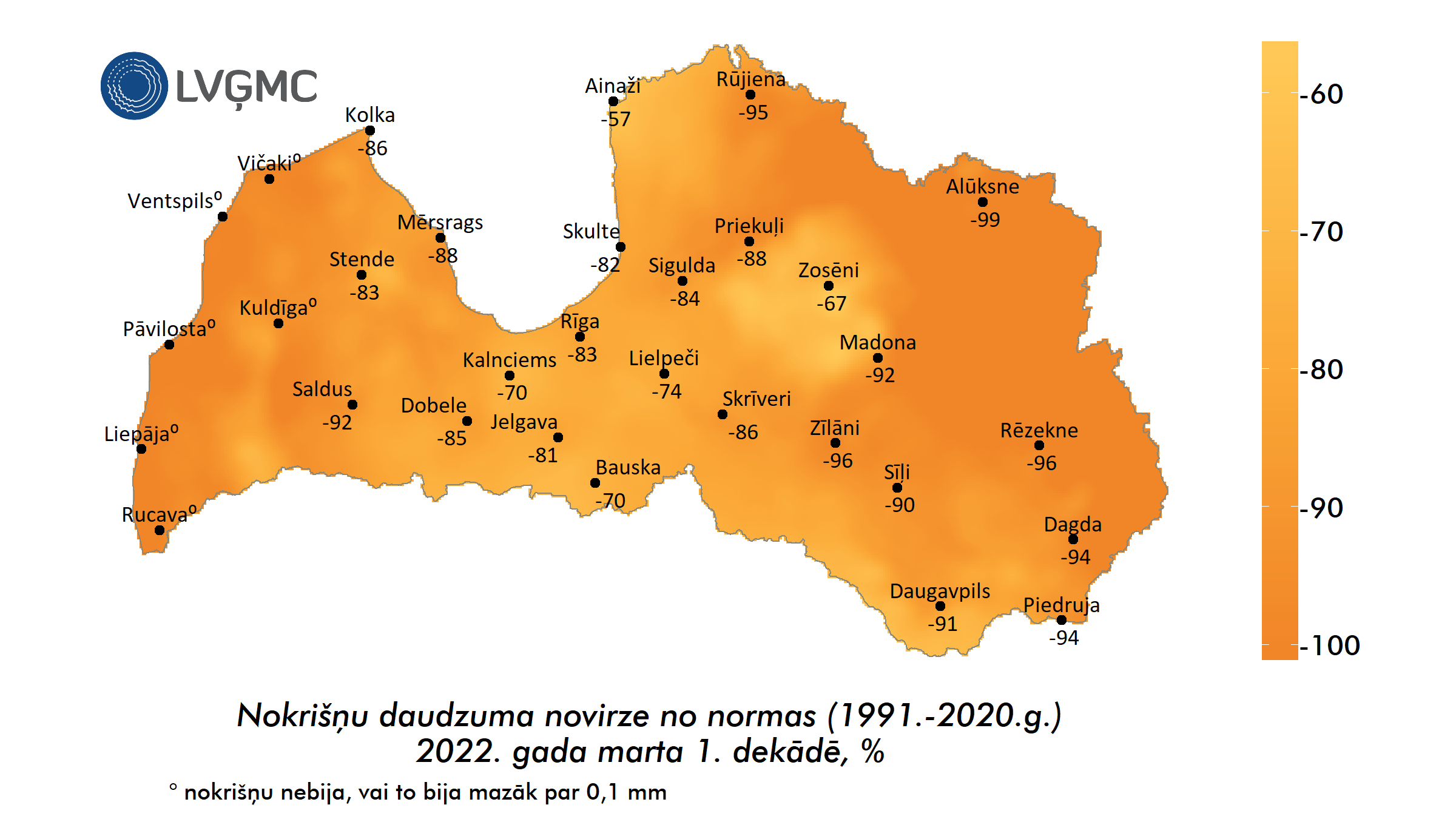 Nokrišņu daudzuma novirze no normas 2022. gada marta 1. dekādē, %