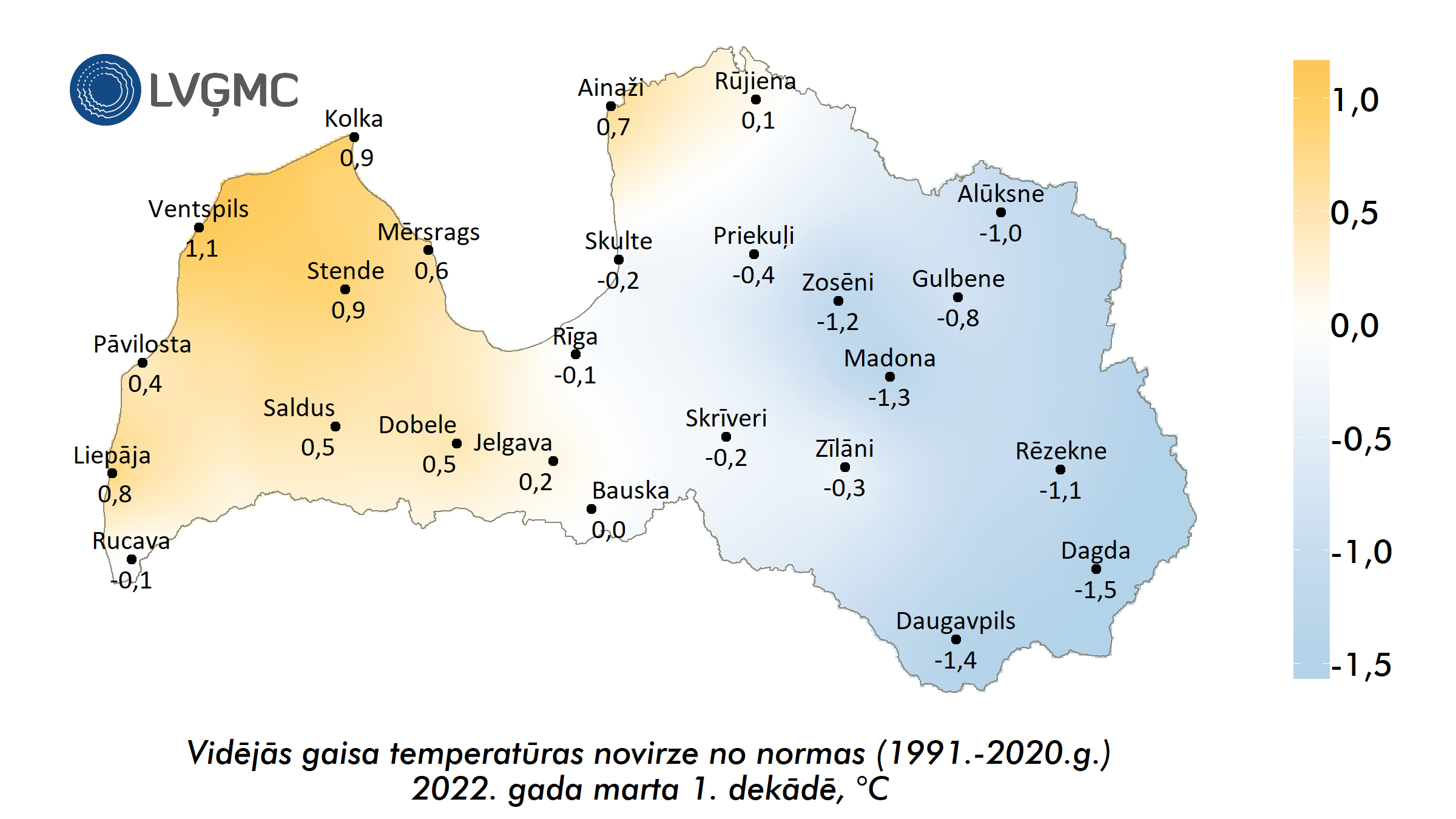 Vidējās gaisa temperatūras novirze no normas 2022. gada marta 1. dekādē, °C 