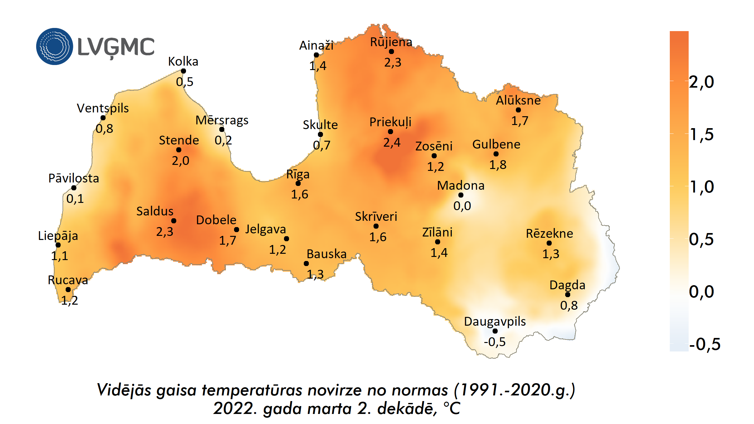 Vidējās gaisa temperatūras novirze no normas 2022. gada marta 2. dekādē, °C 