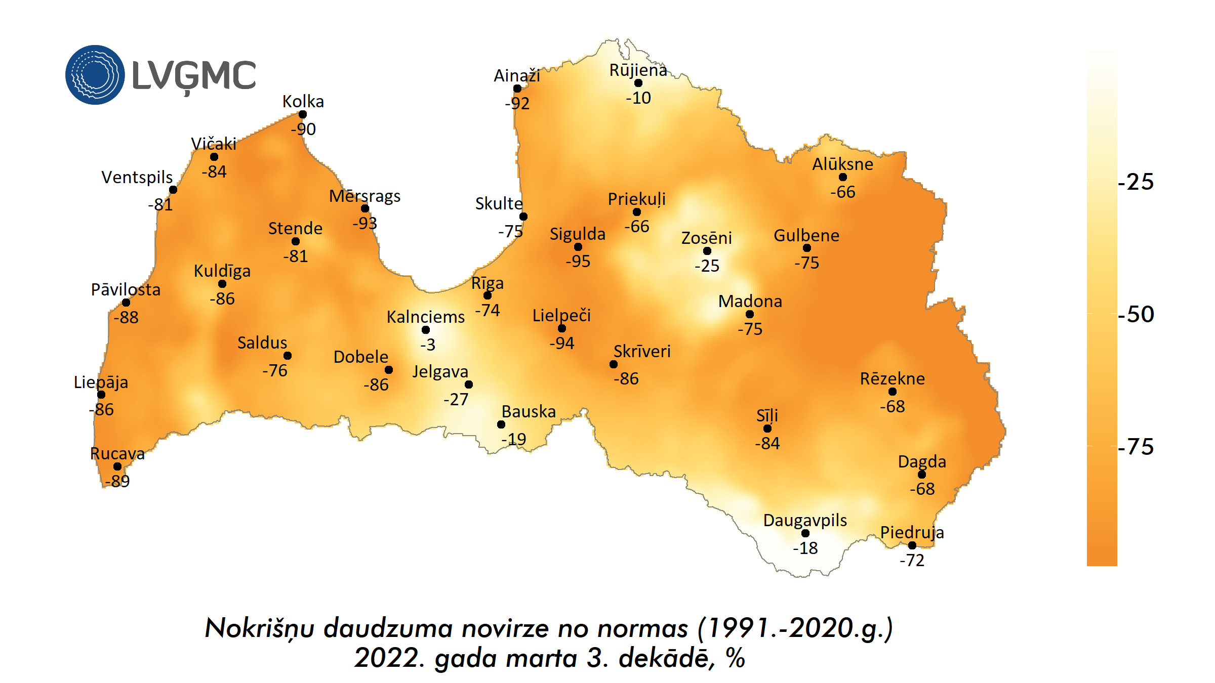 Nokrišņu daudzuma novirze no normas 2022. gada marta 3. dekādē, %