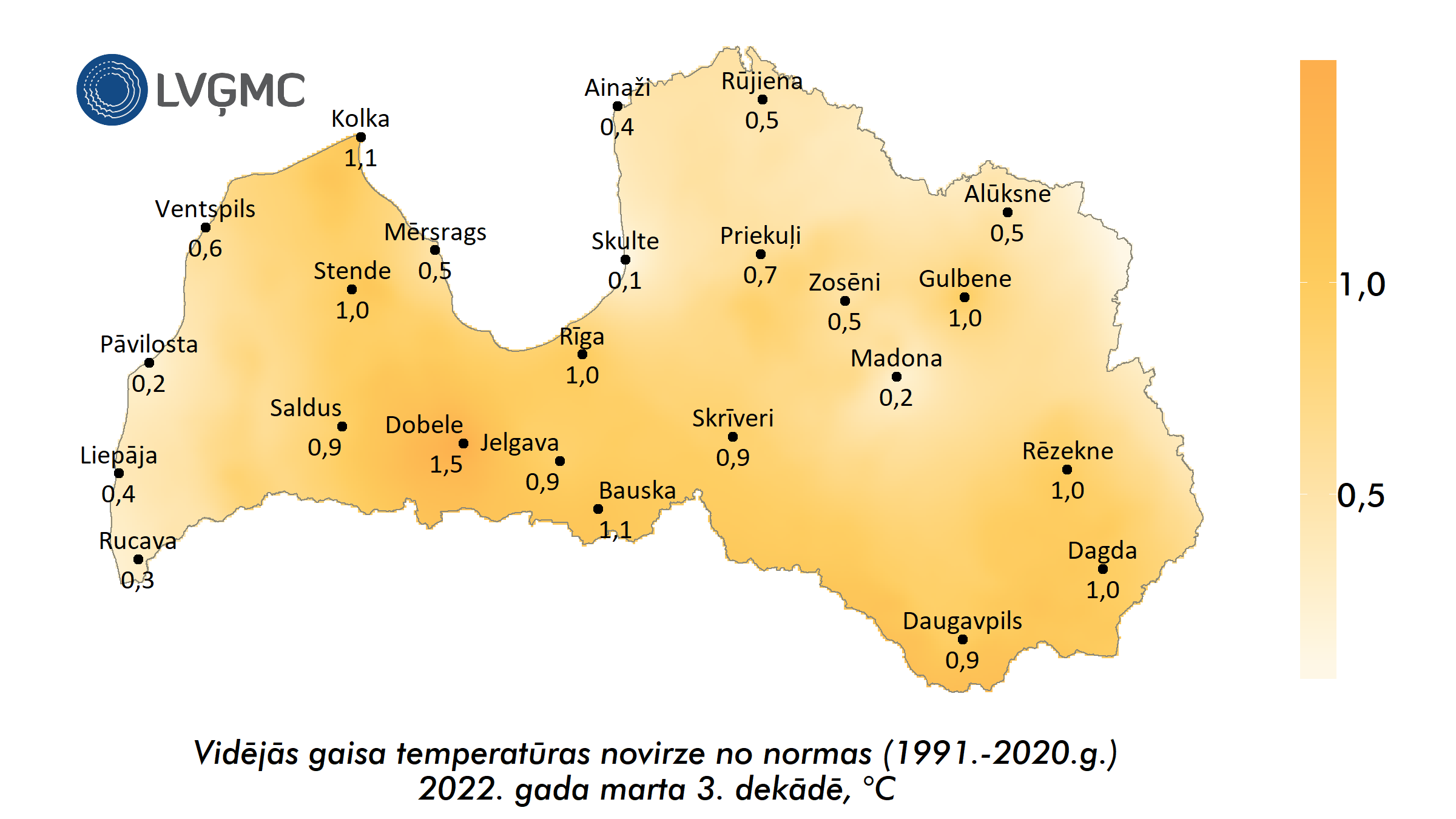 Vidējās gaisa temperatūras novirze no normas 2022. gada marta 3. dekādē, °C 