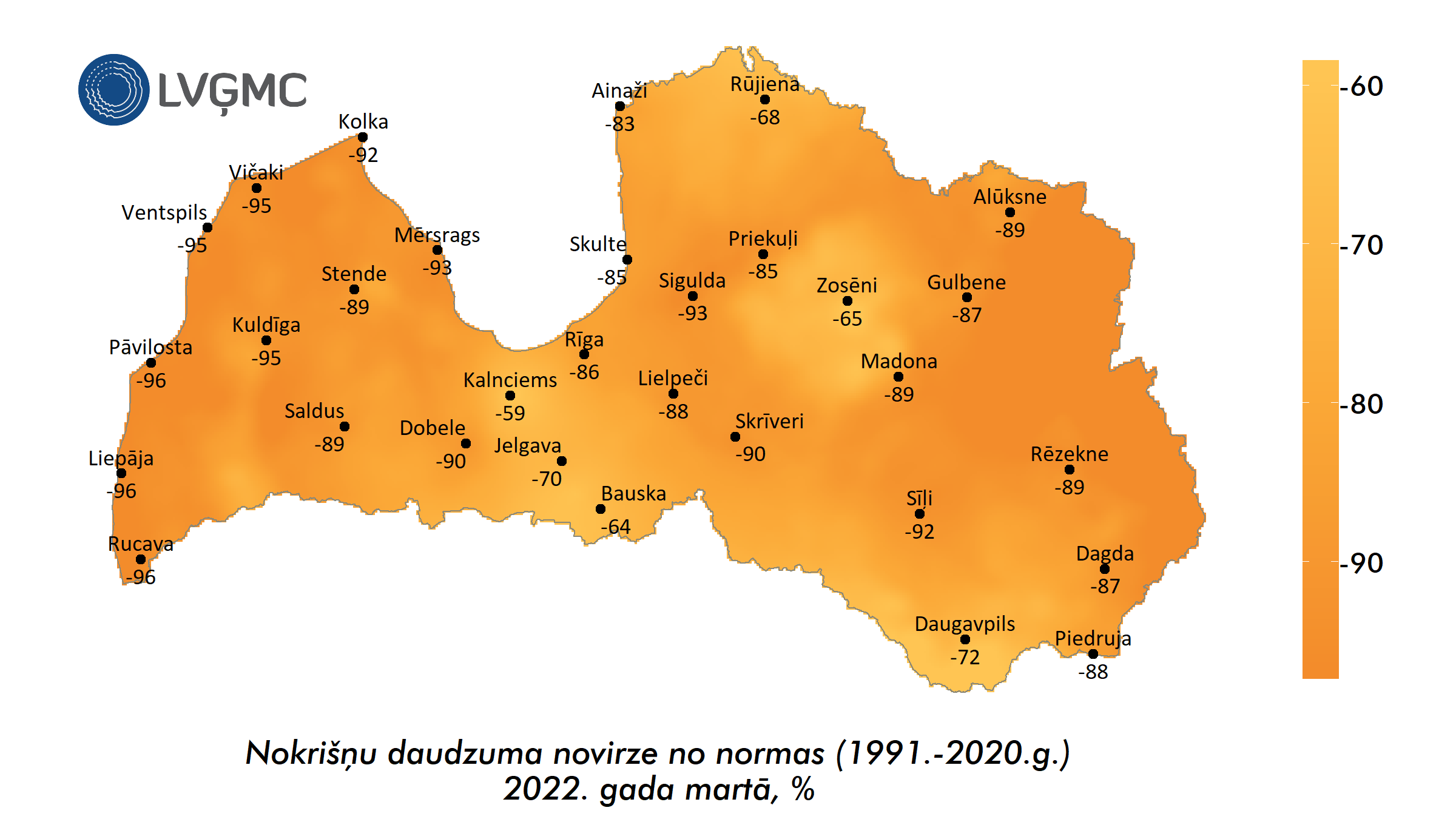 Nokrišņu daudzuma novirze no normas 2022. gada martā, %