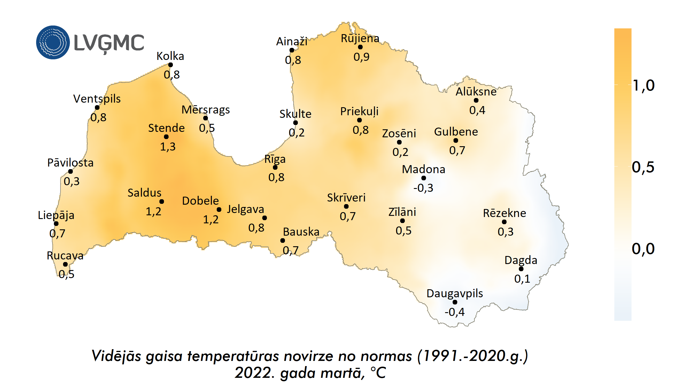 Vidējās gaisa temperatūras novirze no normas 2022. gada martā, °C 
