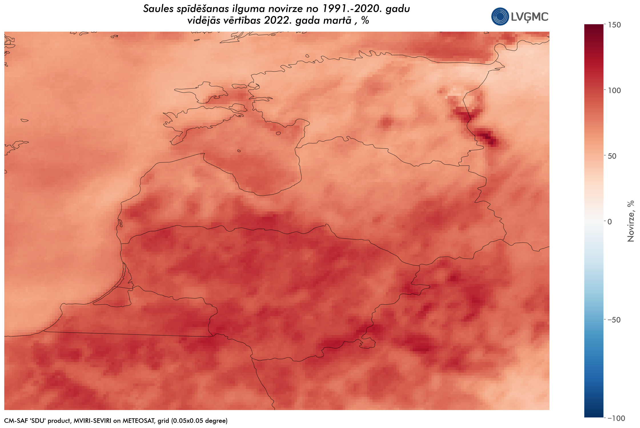 Saules spīdēšanas ilguma novirze no normas 2022.gada martā, %