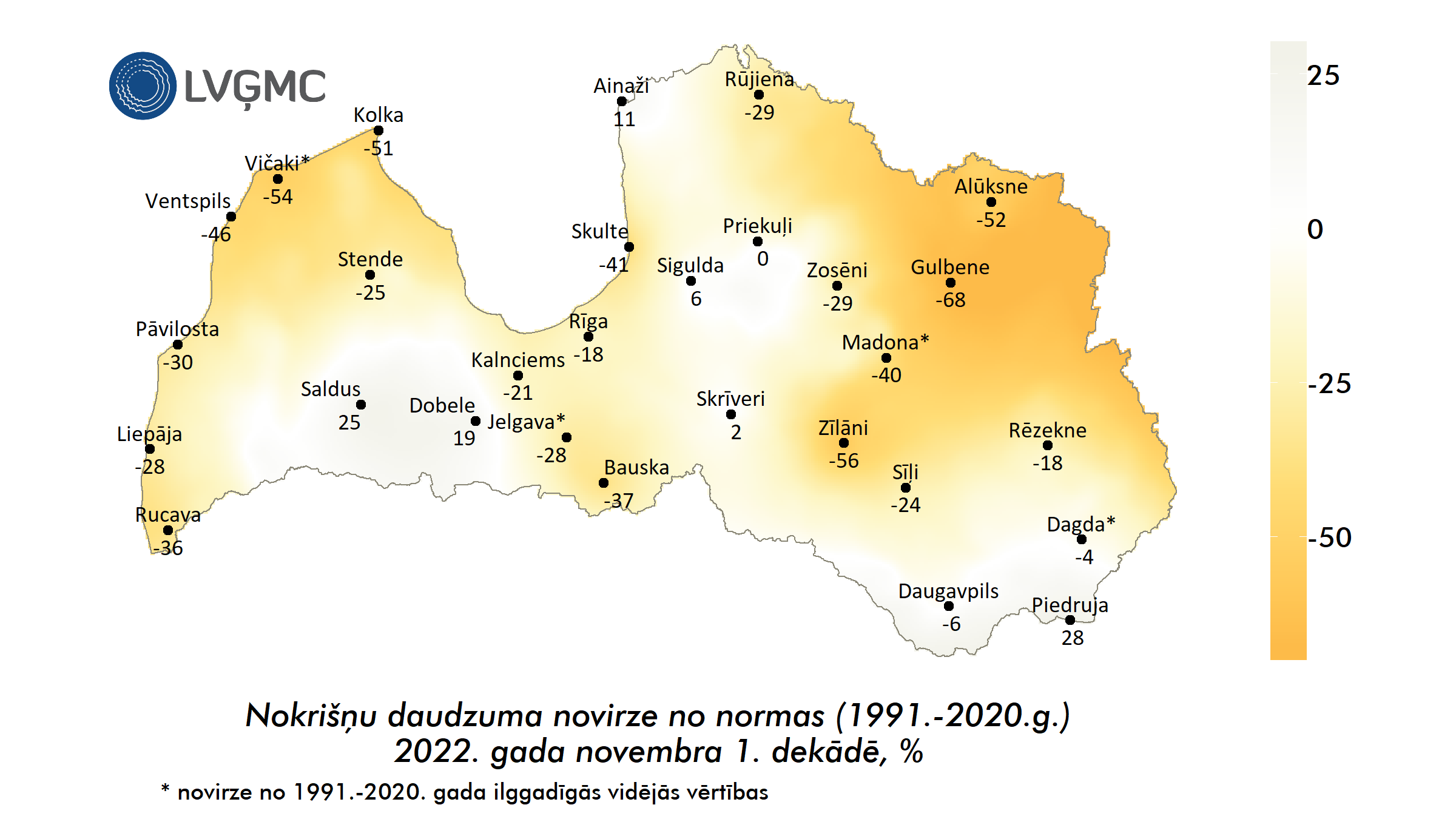 Nokrišņu daudzuma novirze no normas 2022. gada novembra 1. dekādē, %
