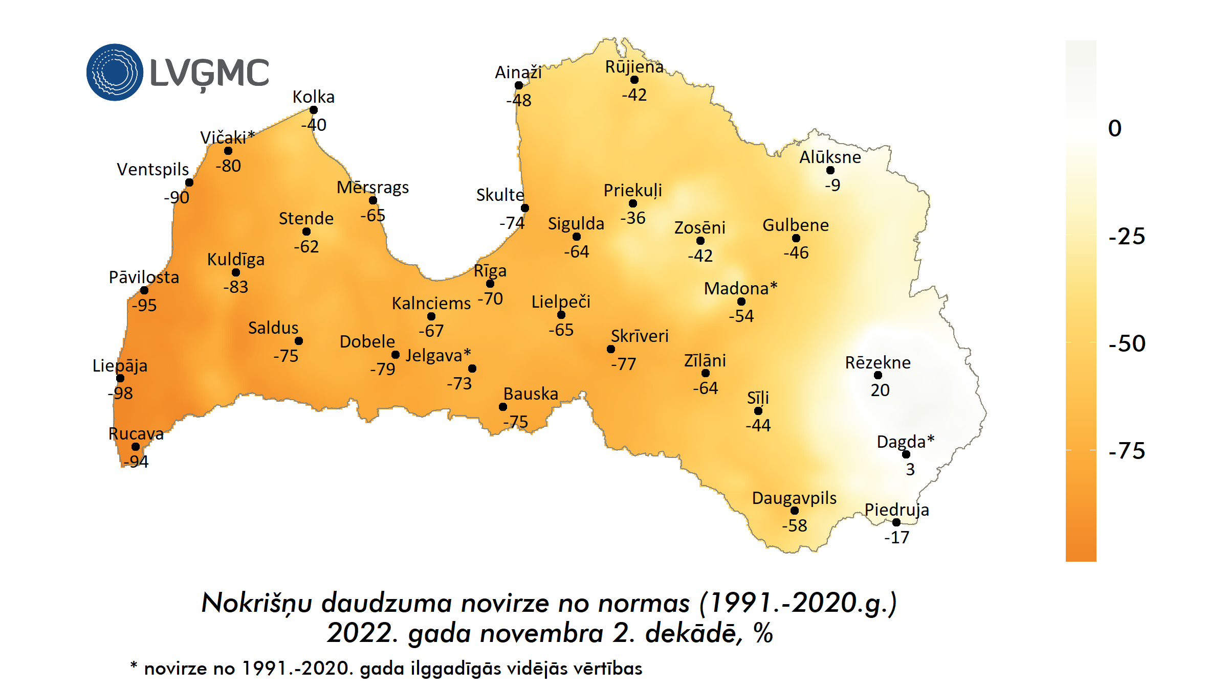 Nokrišņu daudzuma novirze no normas 2022. gada novembra 2. dekādē, %