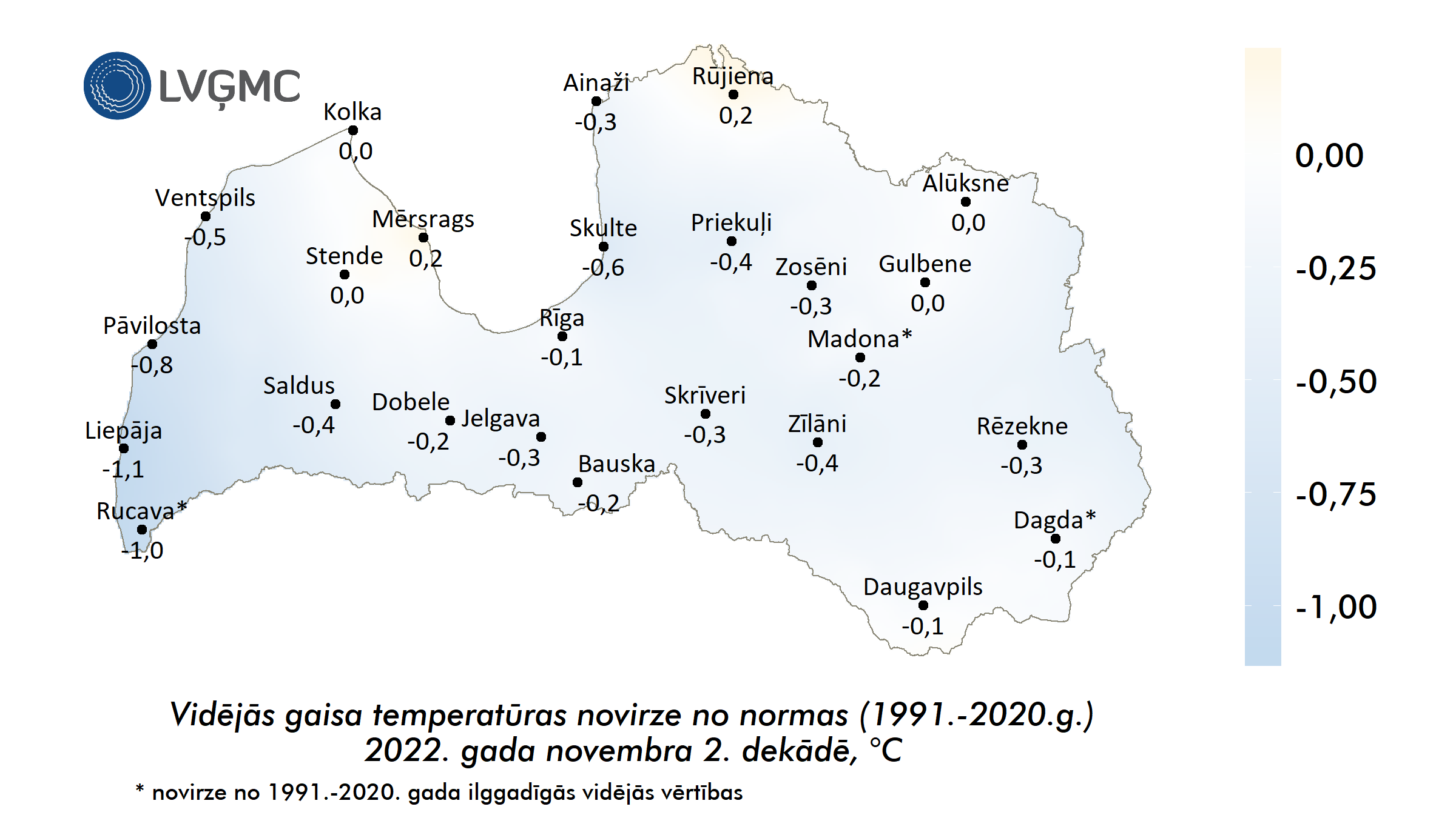 Vidējās gaisa temperatūras novirze no normas 2022. gada novembra 2. dekādē, °C 