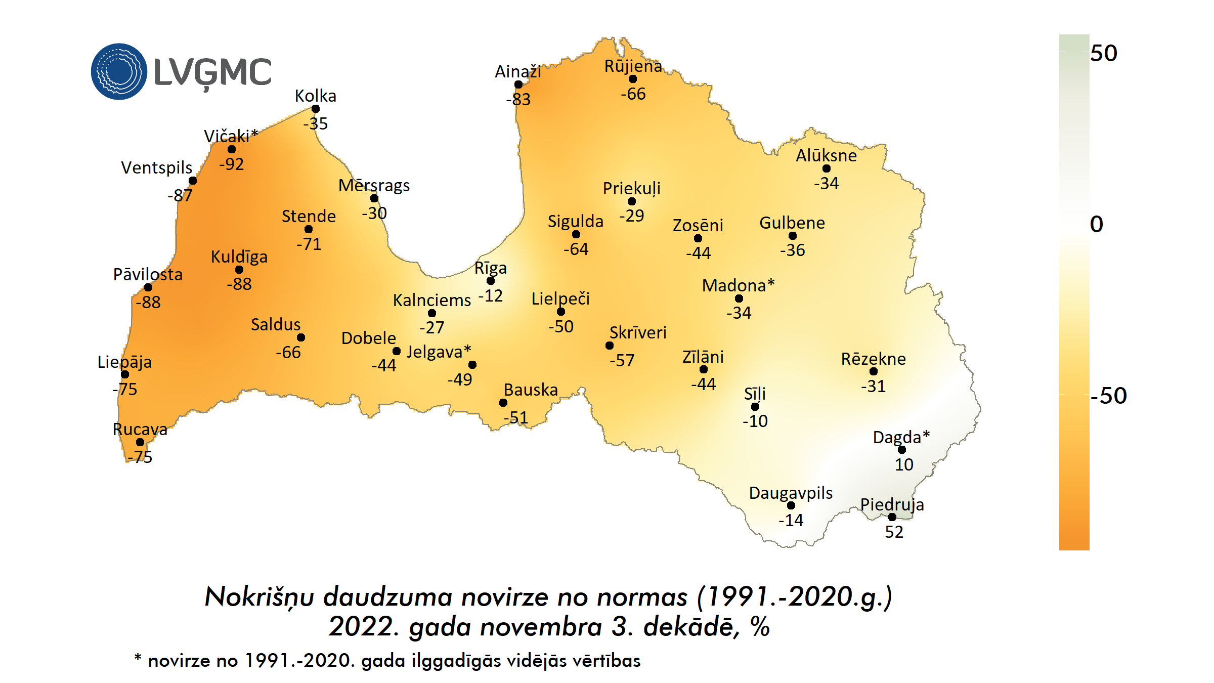 Nokrišņu daudzuma novirze no normas 2022. gada novembra 3. dekādē, %