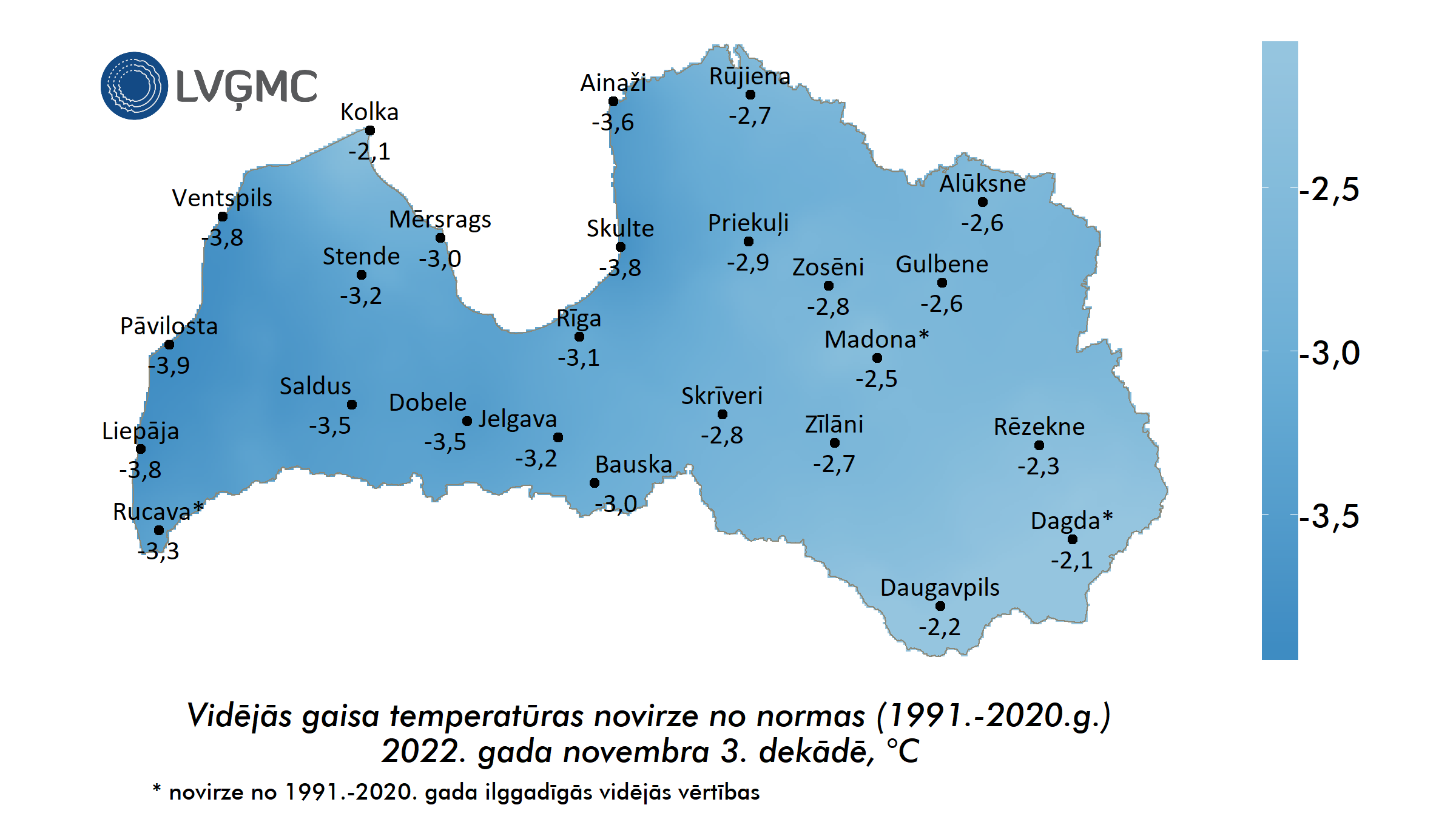 Vidējās gaisa temperatūras novirze no normas 2022. gada novembra 3. dekādē, °C 