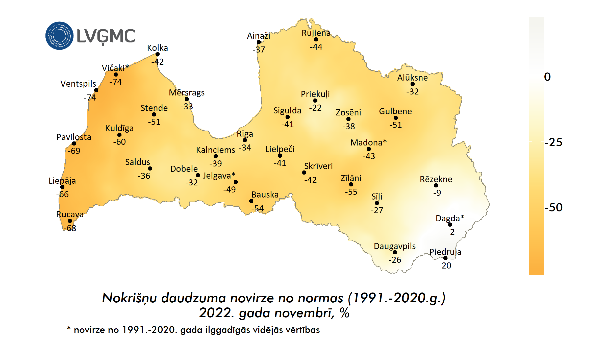 Nokrišņu daudzuma novirze no normas 2022. gada novembrī, %