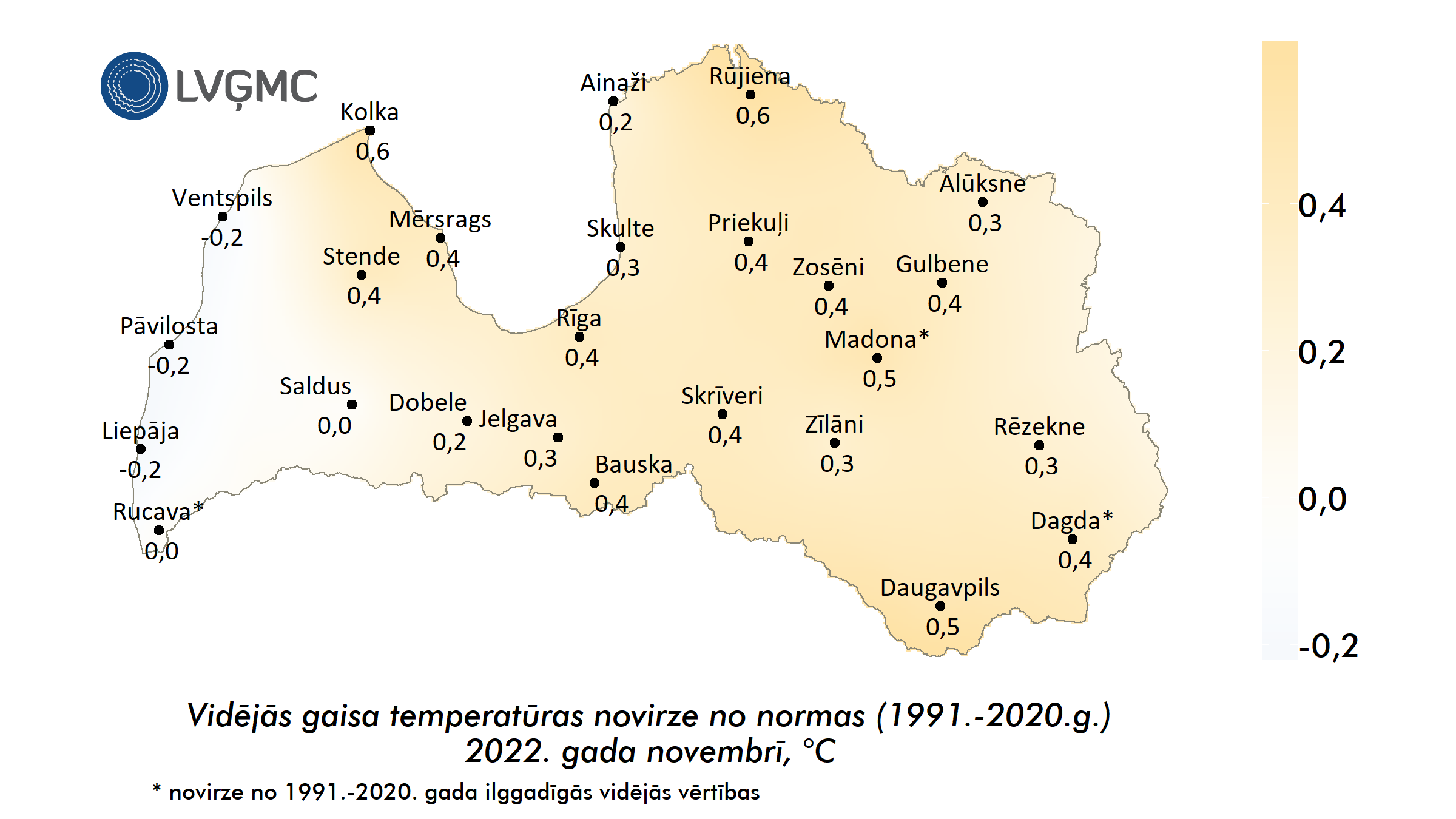Vidējās gaisa temperatūras novirze no normas 2022. gada novembrī, °C 