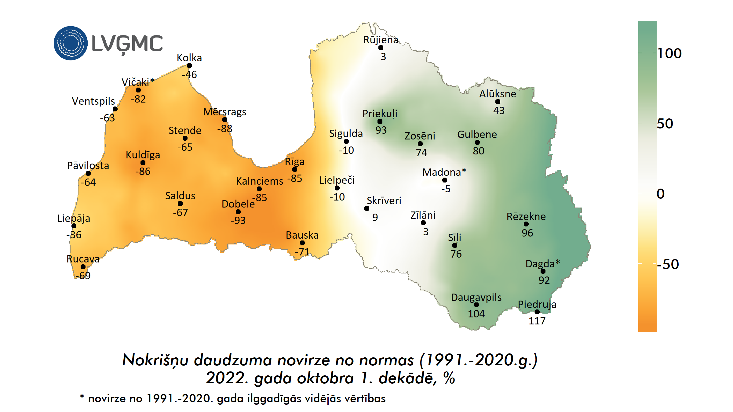 Nokrišņu daudzuma novirze no normas 2022. gada oktobra 1. dekādē, %