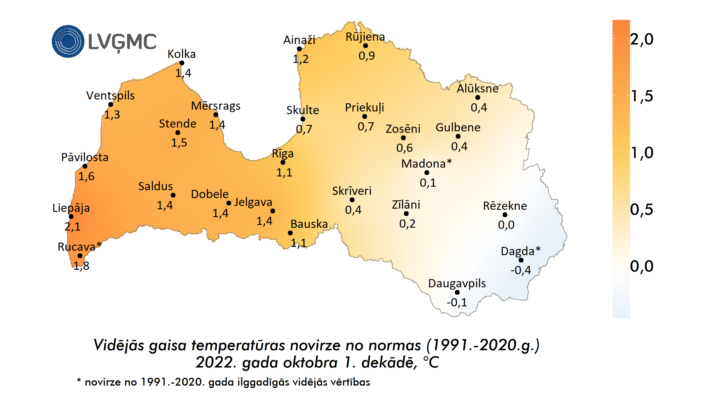Vidējās gaisa temperatūras novirze no normas 2022. gada oktobra 1. dekādē, °C 