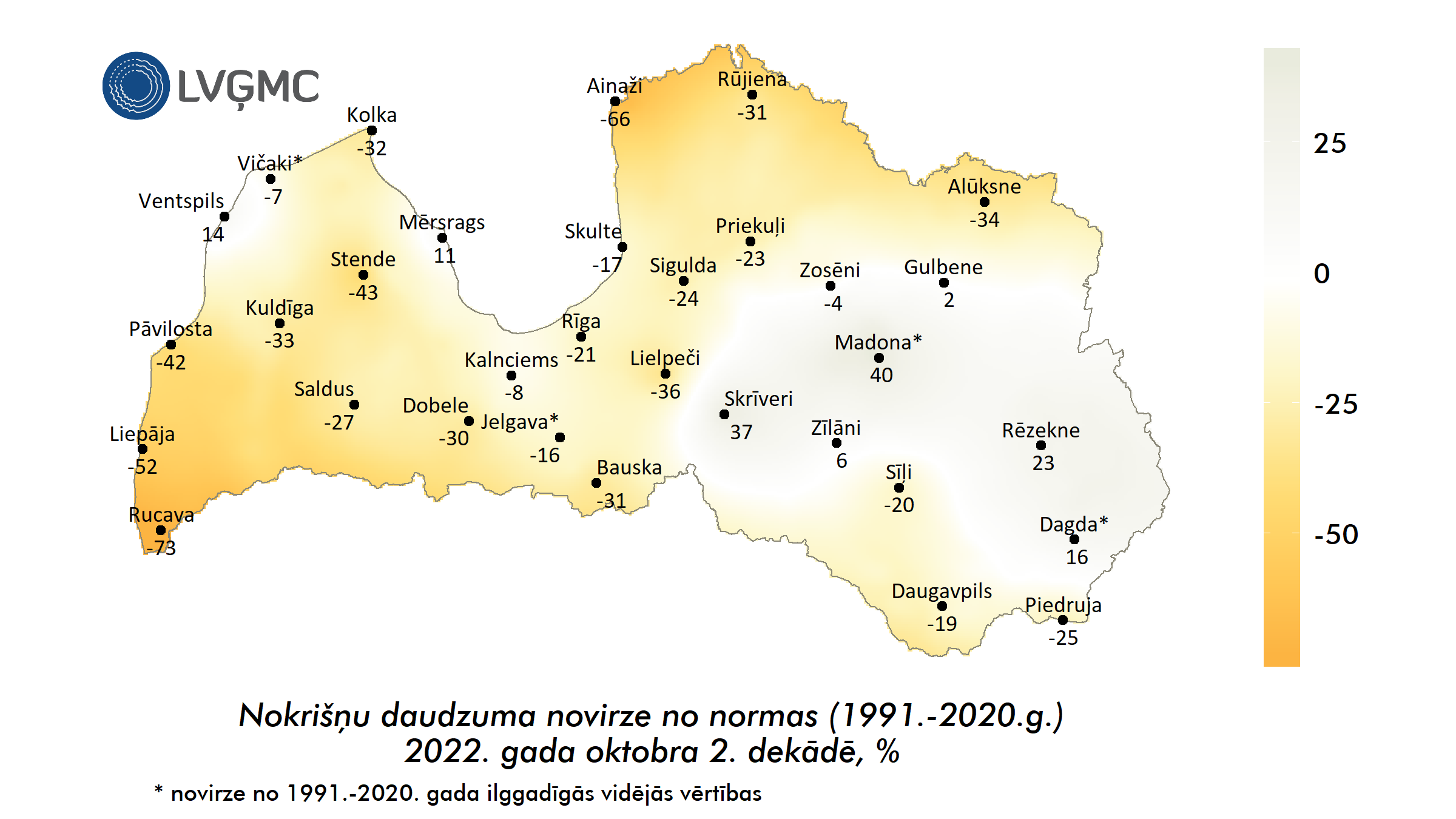 Nokrišņu daudzuma novirze no normas 2022. gada oktobra 2. dekādē, %