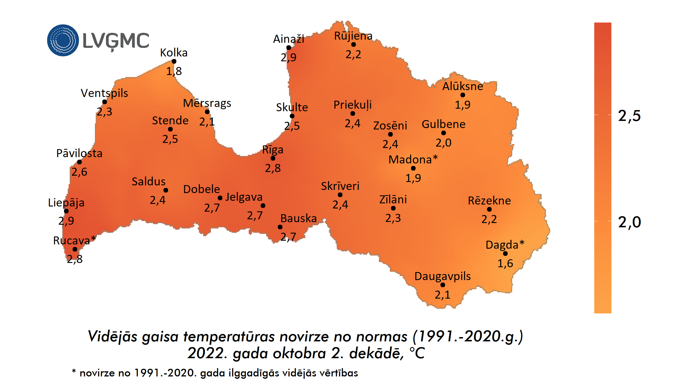 Vidējās gaisa temperatūras novirze no normas 2022. gada oktobra 2. dekādē, °C 