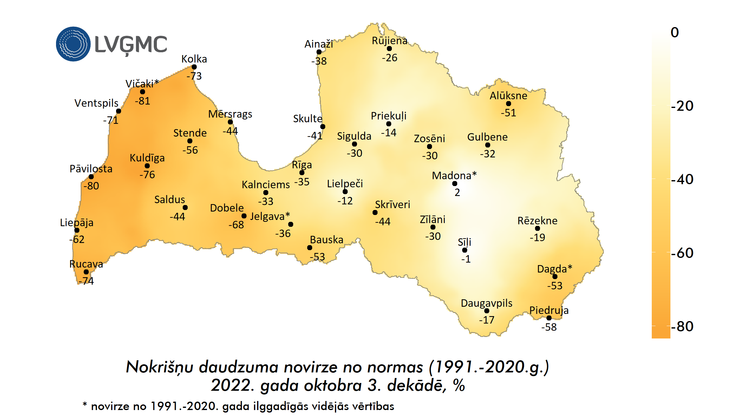 Nokrišņu daudzuma novirze no normas 2022. gada oktobra 3. dekādē, %