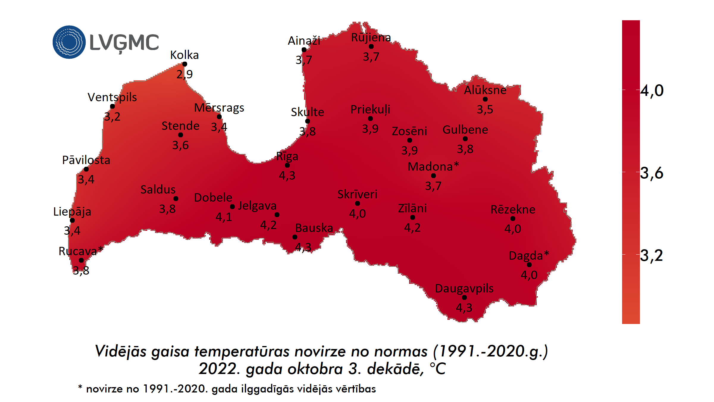 Vidējās gaisa temperatūras novirze no normas 2022. gada oktobra 3. dekādē, °C 